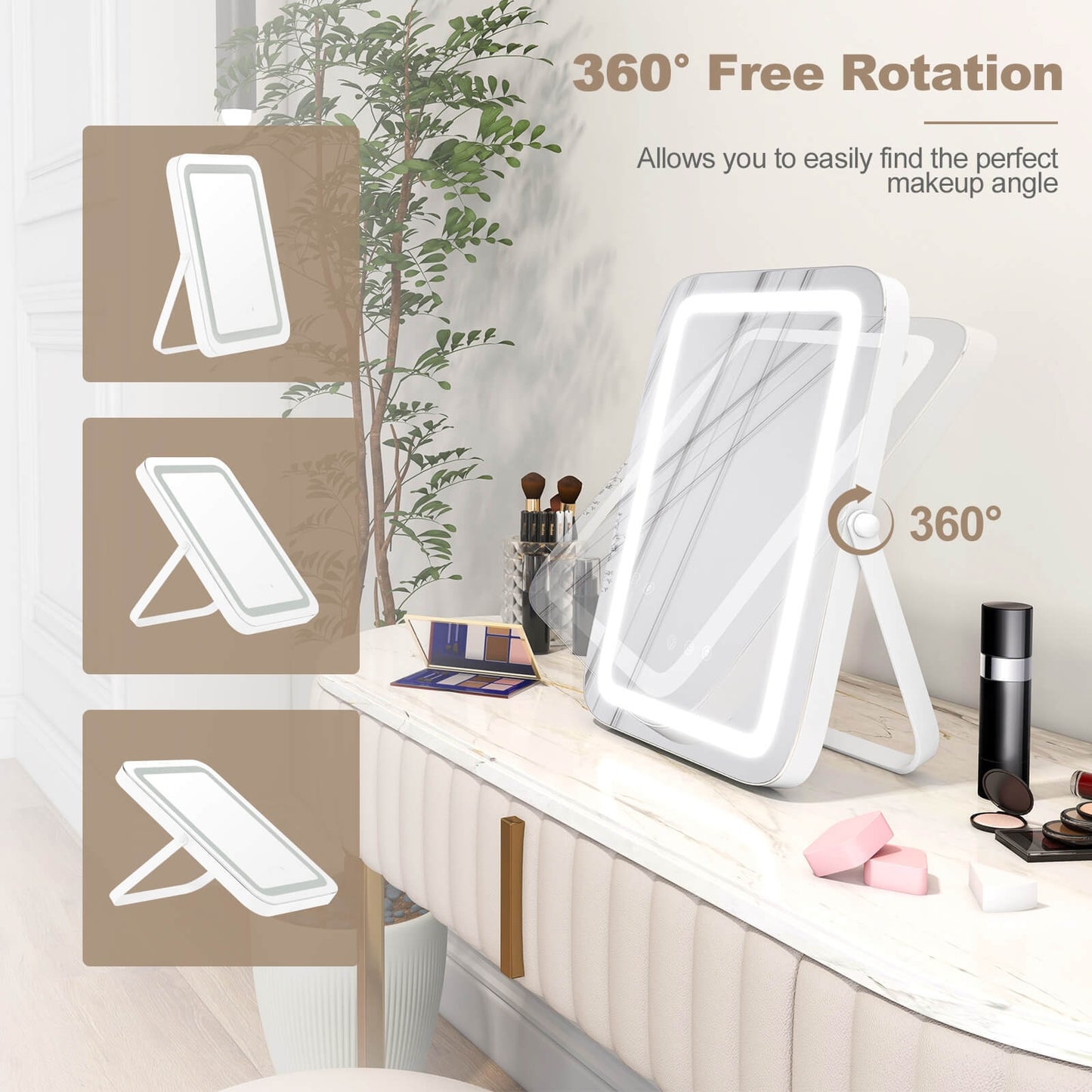 16 x 12 Inch Rectangular Vanity Makeup Mirror with 3 Color Dimmable Lighting-White Kids Crystal