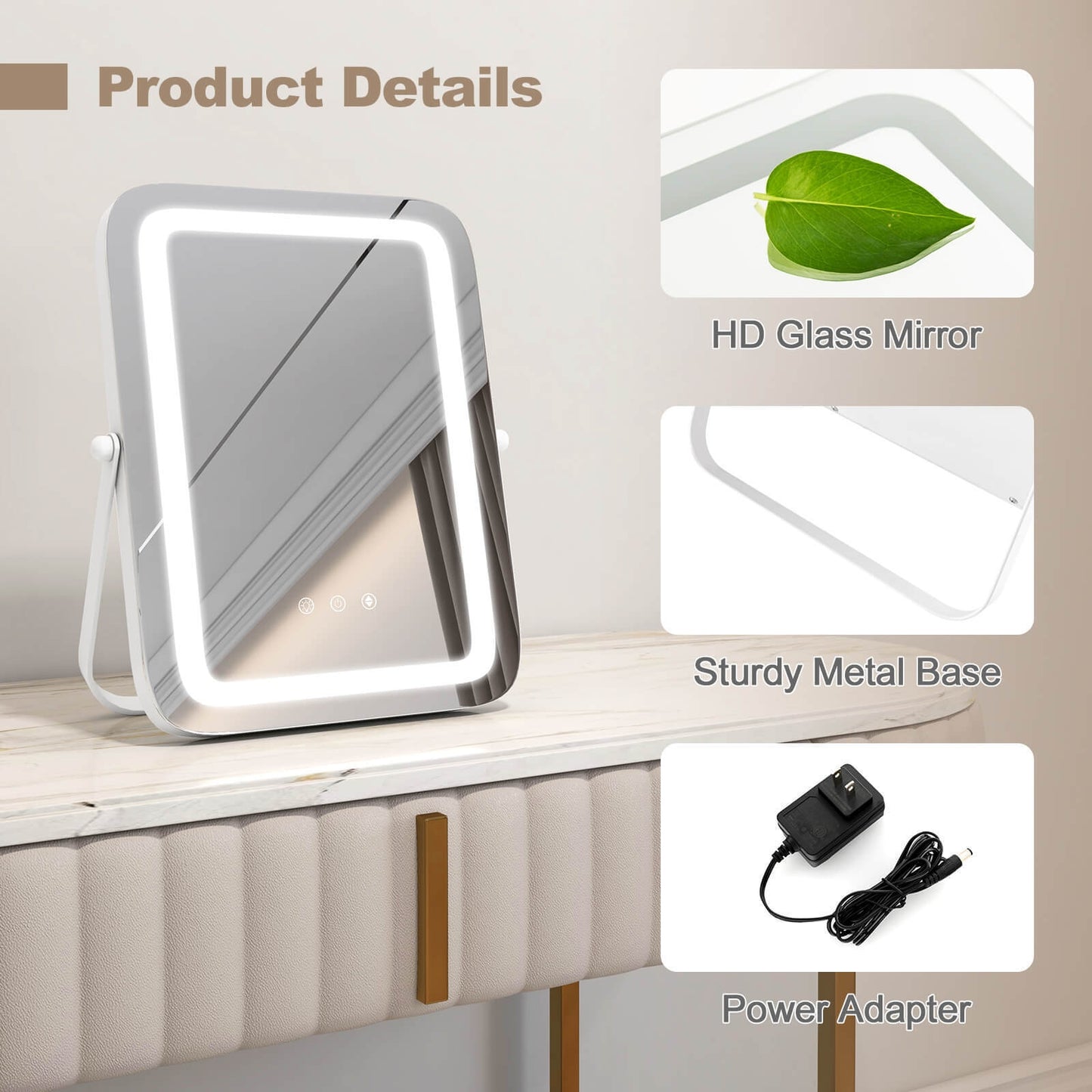 16 x 12 Inch Rectangular Vanity Makeup Mirror with 3 Color Dimmable Lighting-White Kids Crystal