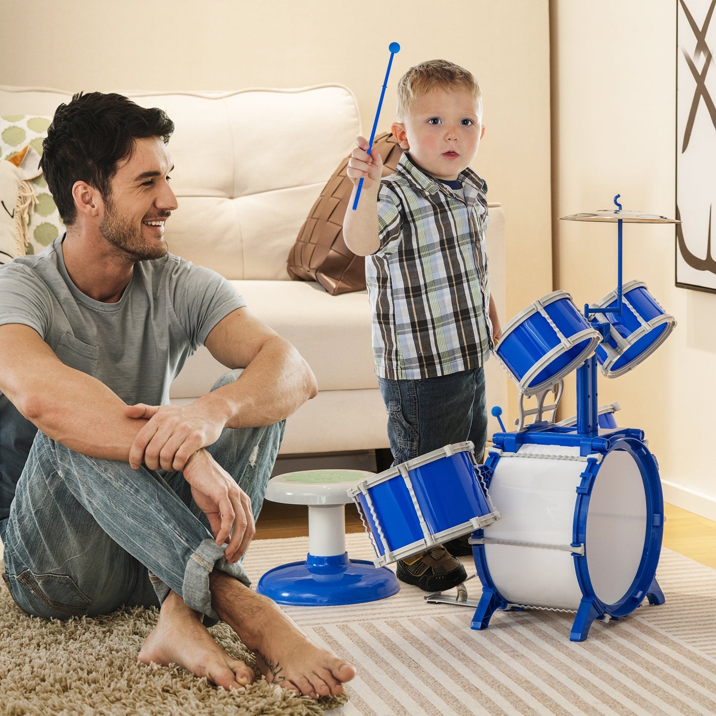 Kids Drum Set Educational Percussion Musical Instrument Toy with Bass Drum-Blue Kids Crystal
