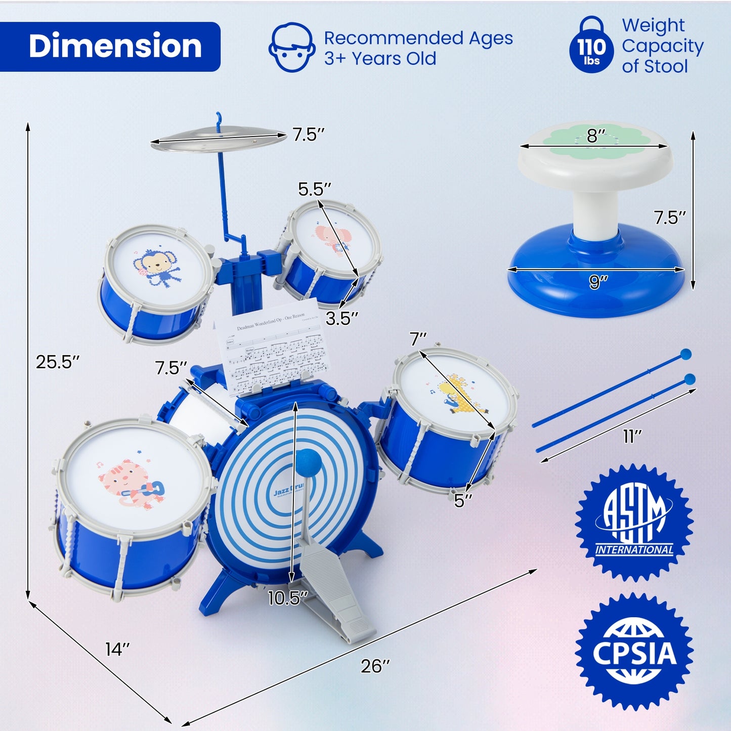 Kids Drum Set Educational Percussion Musical Instrument Toy with Bass Drum-Blue Kids Crystal