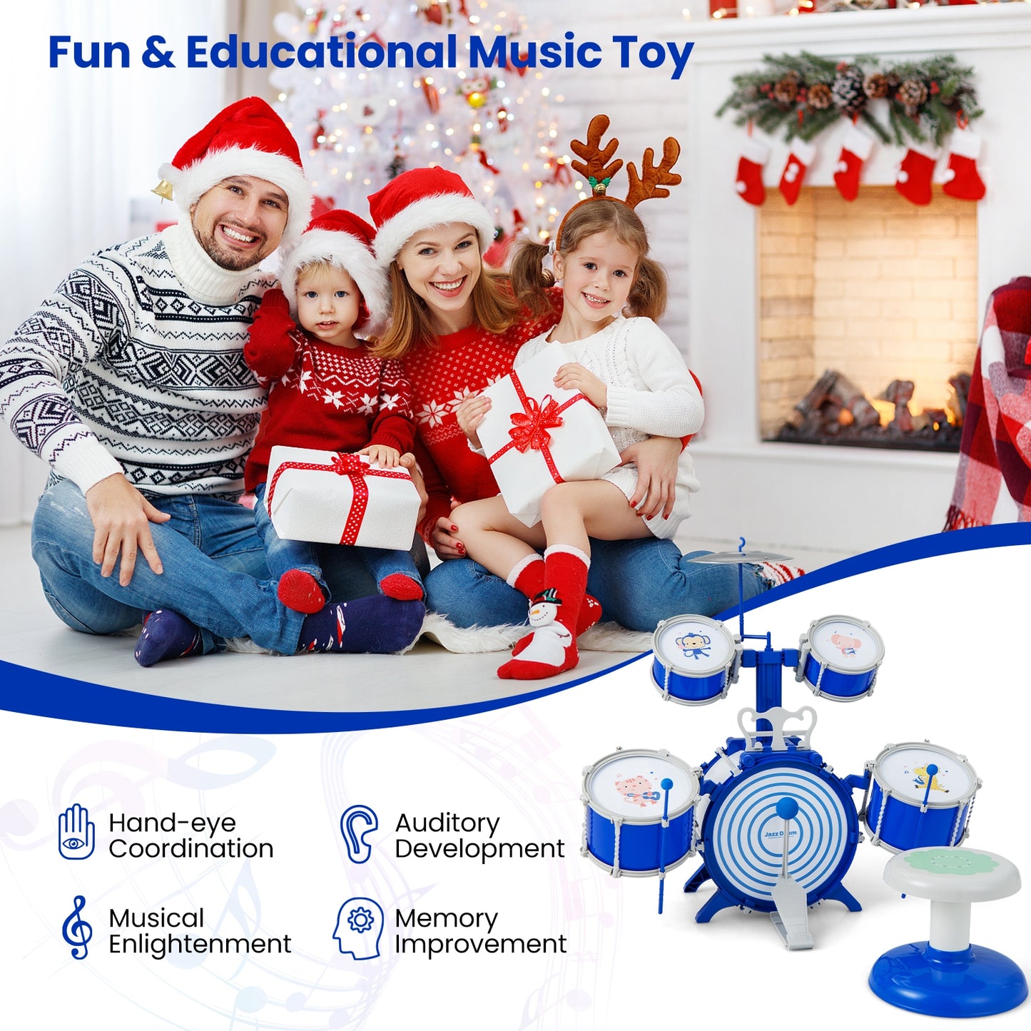 Kids Drum Set Educational Percussion Musical Instrument Toy with Bass Drum-Blue Kids Crystal