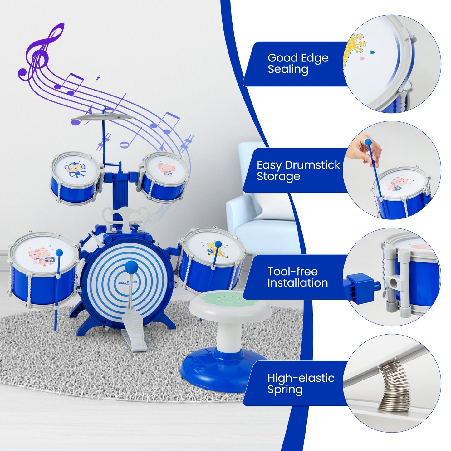 Kids Drum Set Educational Percussion Musical Instrument Toy with Bass Drum-Blue Kids Crystal