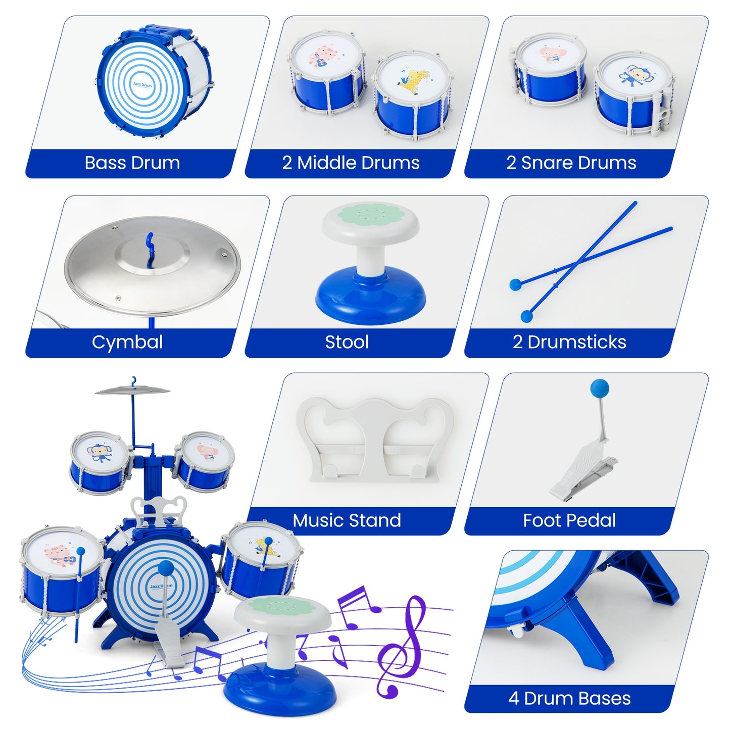Kids Drum Set Educational Percussion Musical Instrument Toy with Bass Drum-Blue Kids Crystal