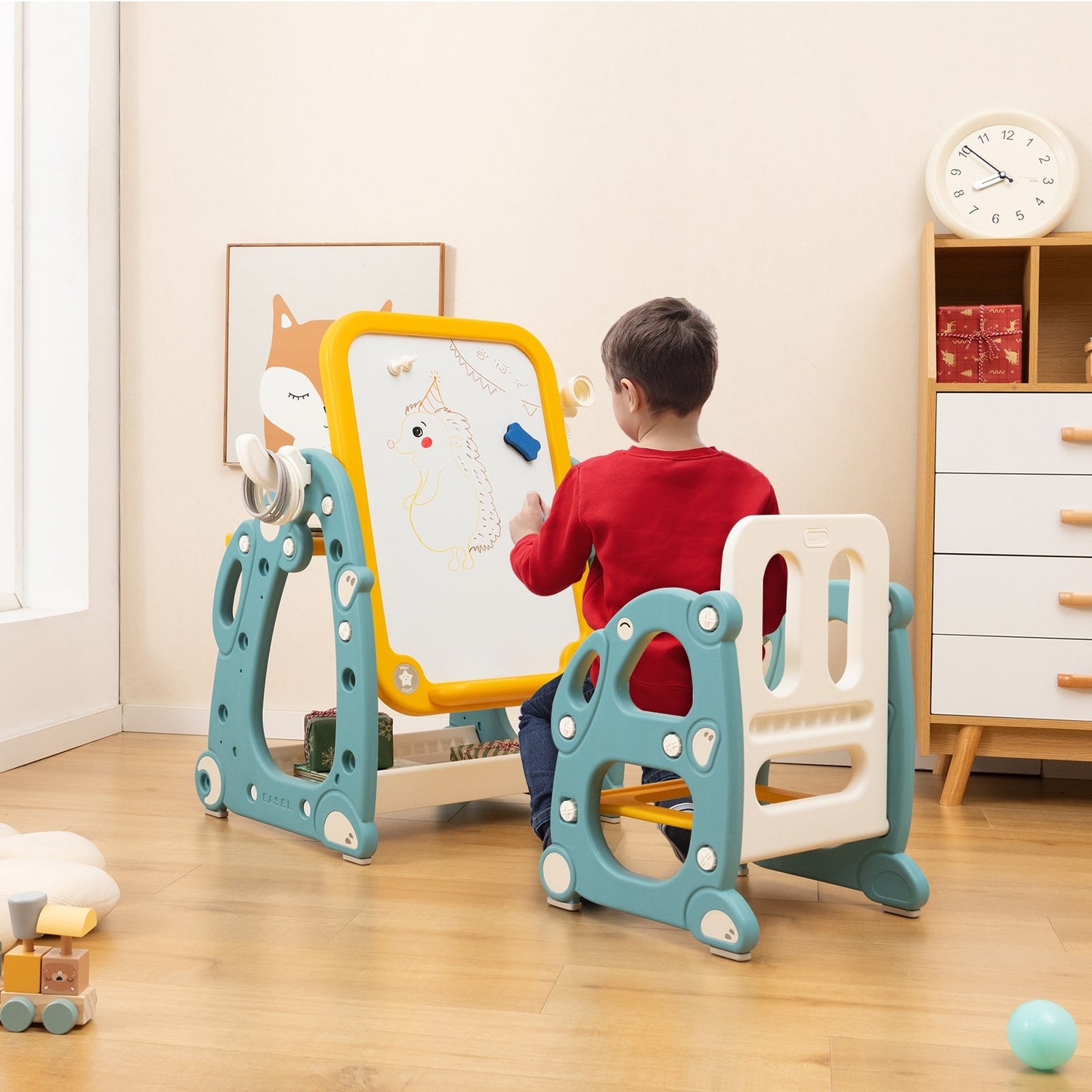 Kids Art Easel with Chair and 3-Level Adjustable Whiteboard-Multicolor Kids Crystal