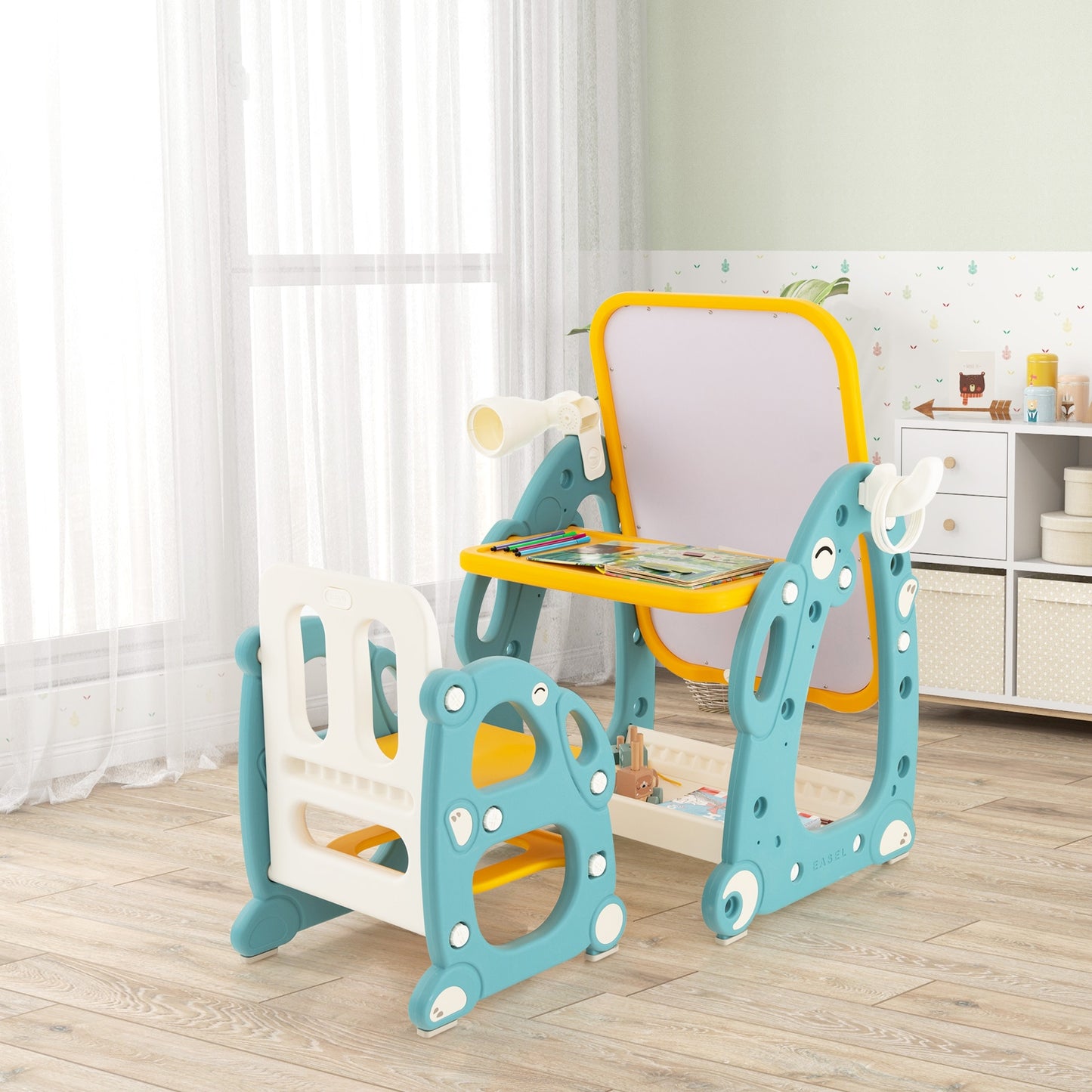 Kids Art Easel with Chair and 3-Level Adjustable Whiteboard-Multicolor Kids Crystal