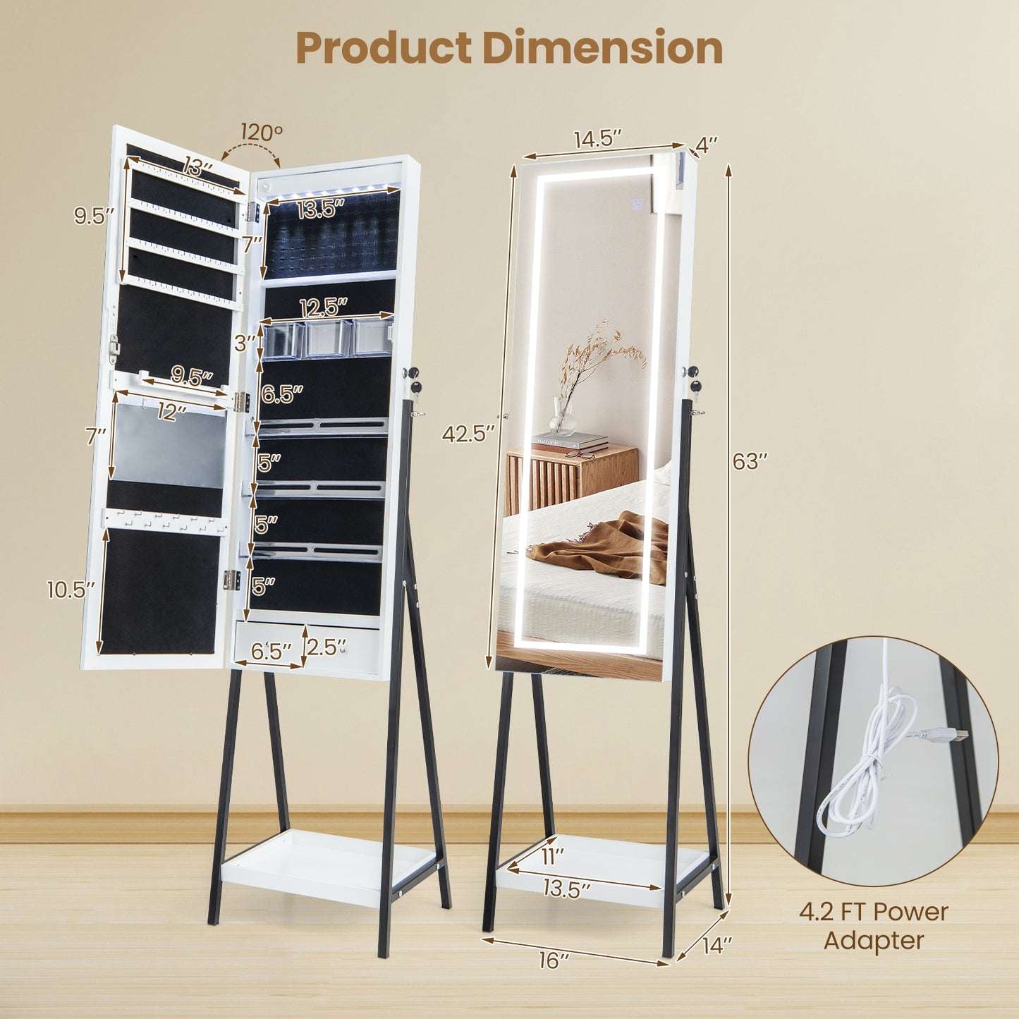 LED Standing Jewelry Mirror Cabinet with 3-Color Lighted Full-Length Mirror-White Kids Crystal