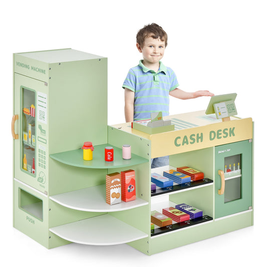 Kids Wooden Supermarket Play Toy Set with Checkout Counter-Green Kids Crystal