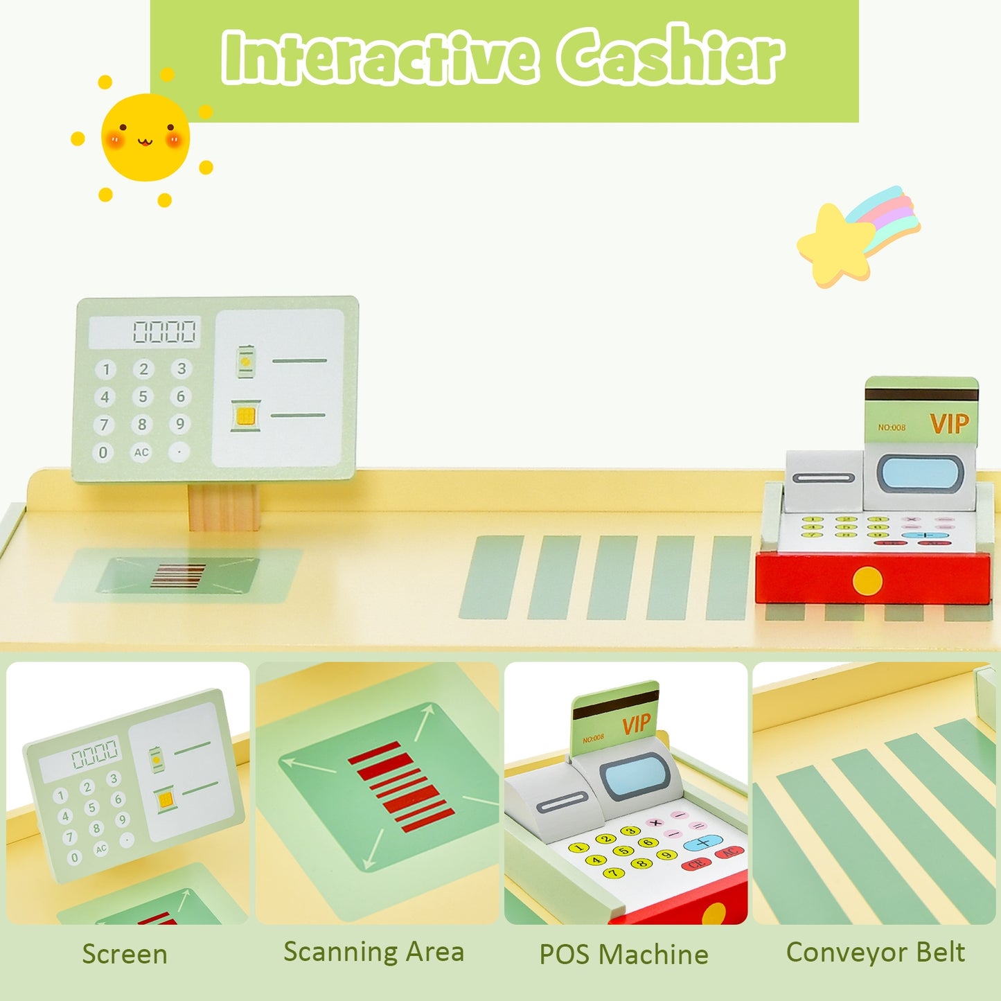Kids Wooden Supermarket Play Toy Set with Checkout Counter-Green Kids Crystal