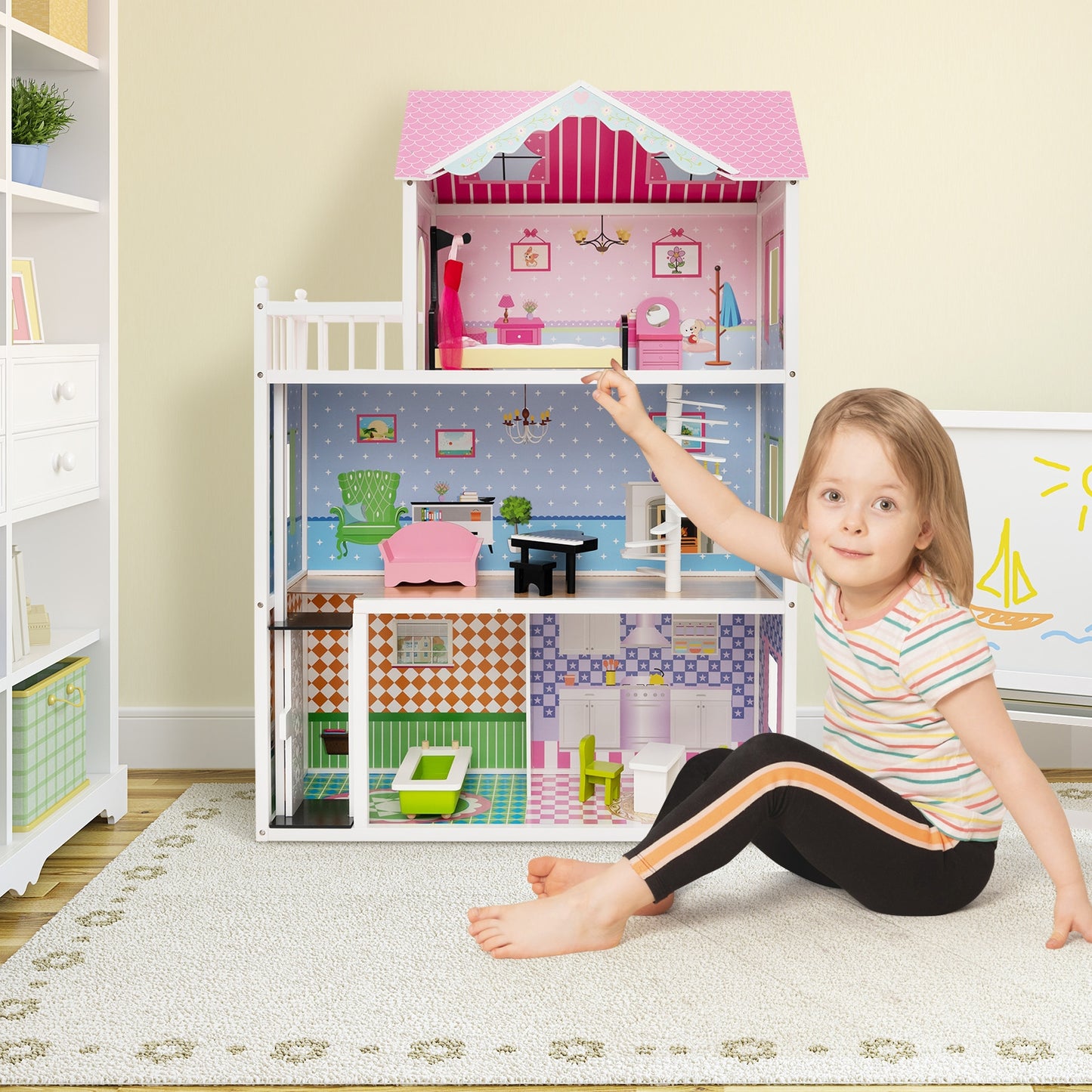 Wooden Dollhouse with Working Elevator and Rotatable Staircase-Pink Kids Crystal