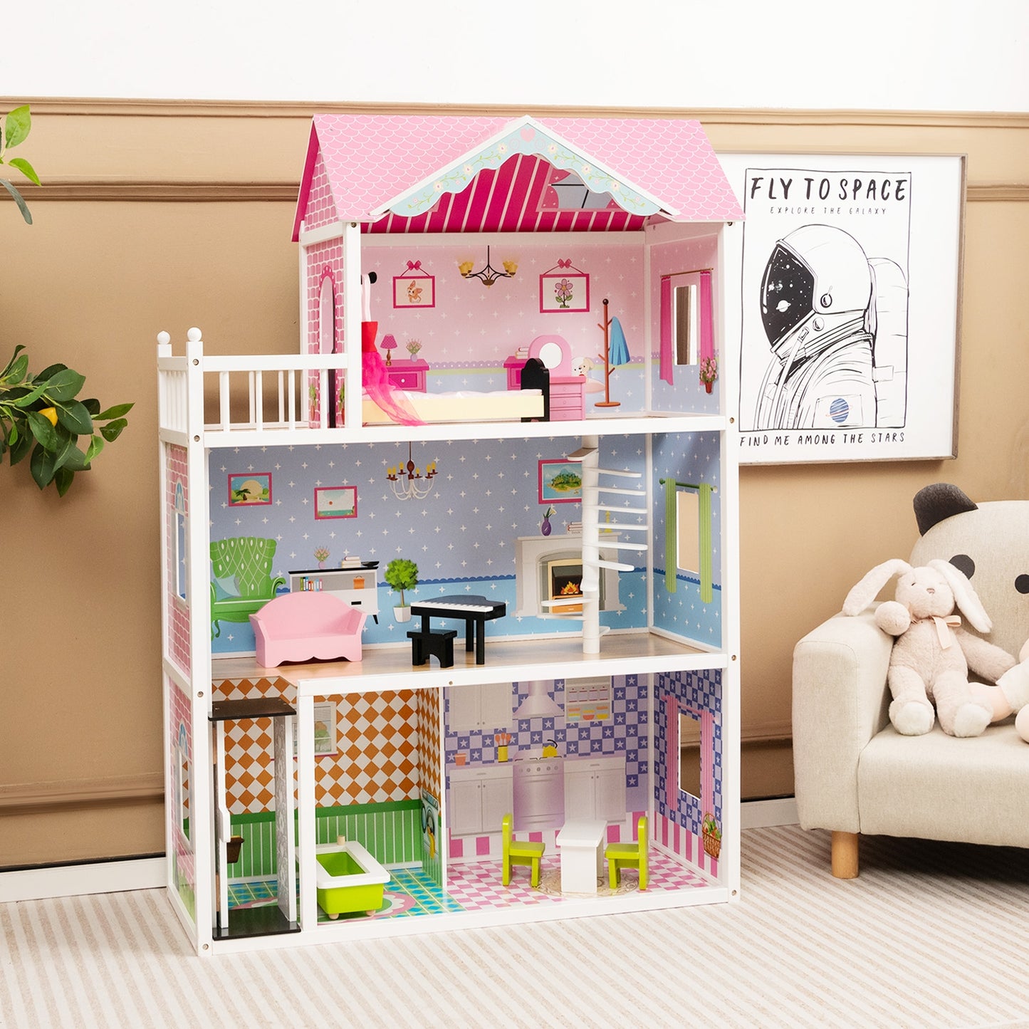 Wooden Dollhouse with Working Elevator and Rotatable Staircase-Pink Kids Crystal