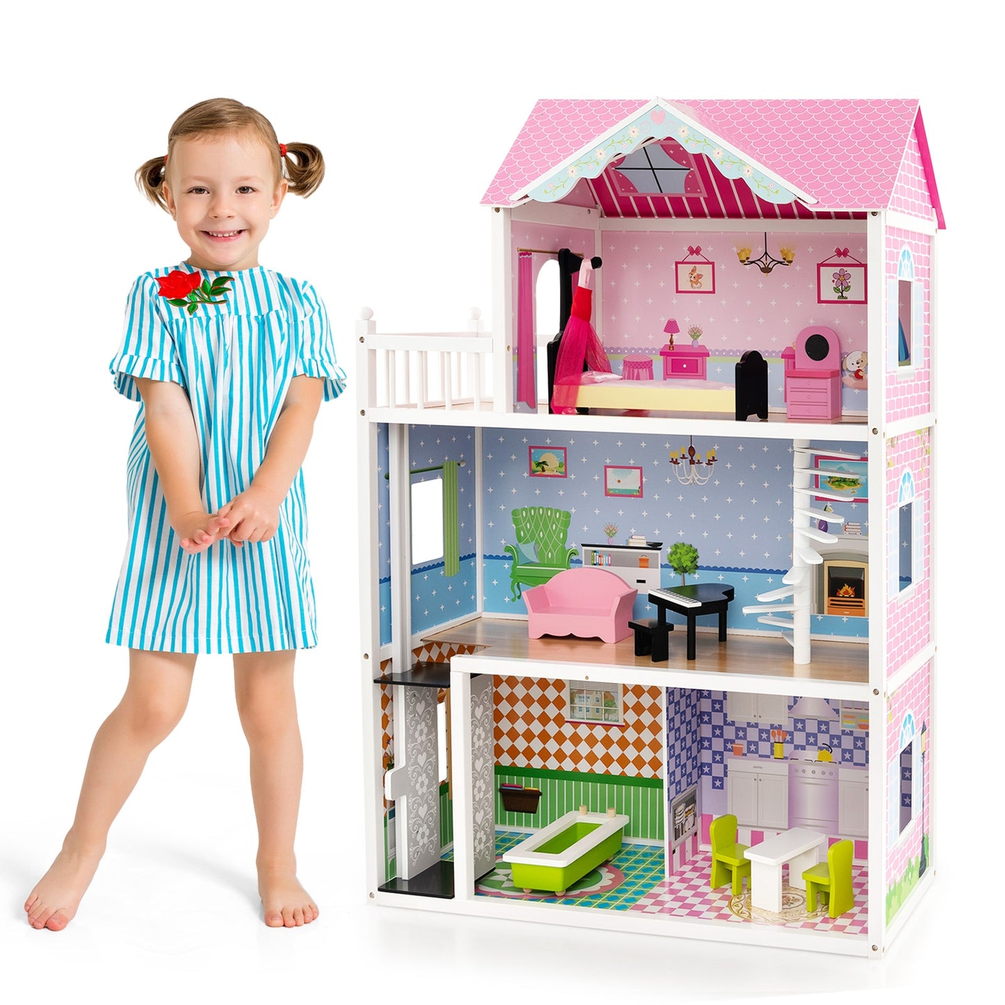 Wooden Dollhouse with Working Elevator and Rotatable Staircase-Pink Kids Crystal