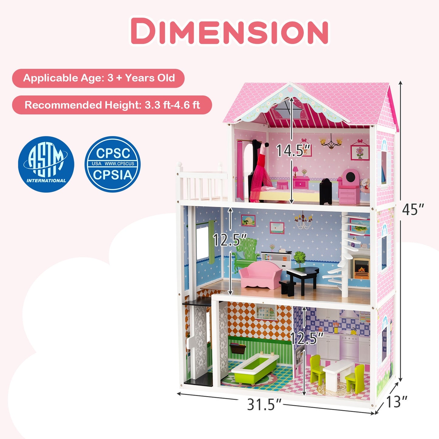 Wooden Dollhouse with Working Elevator and Rotatable Staircase-Pink Kids Crystal