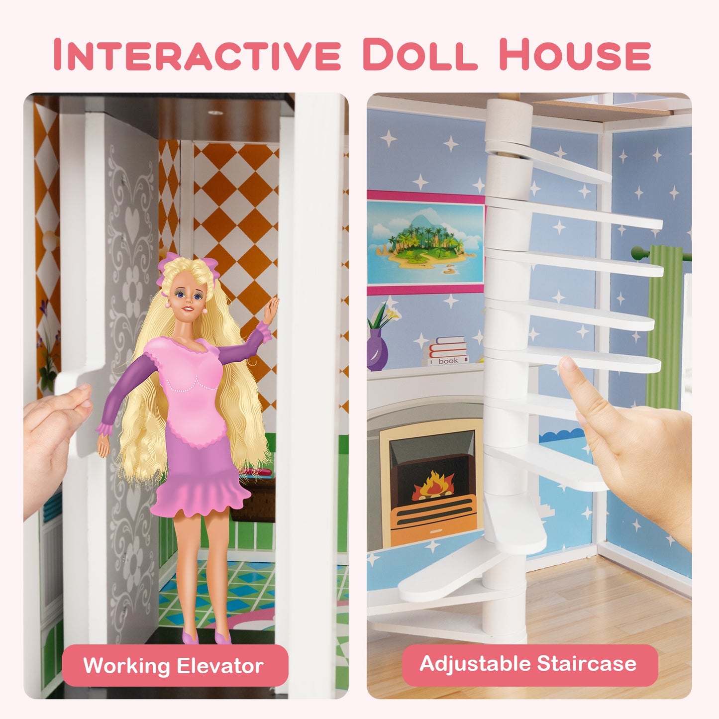 Wooden Dollhouse with Working Elevator and Rotatable Staircase-Pink Kids Crystal