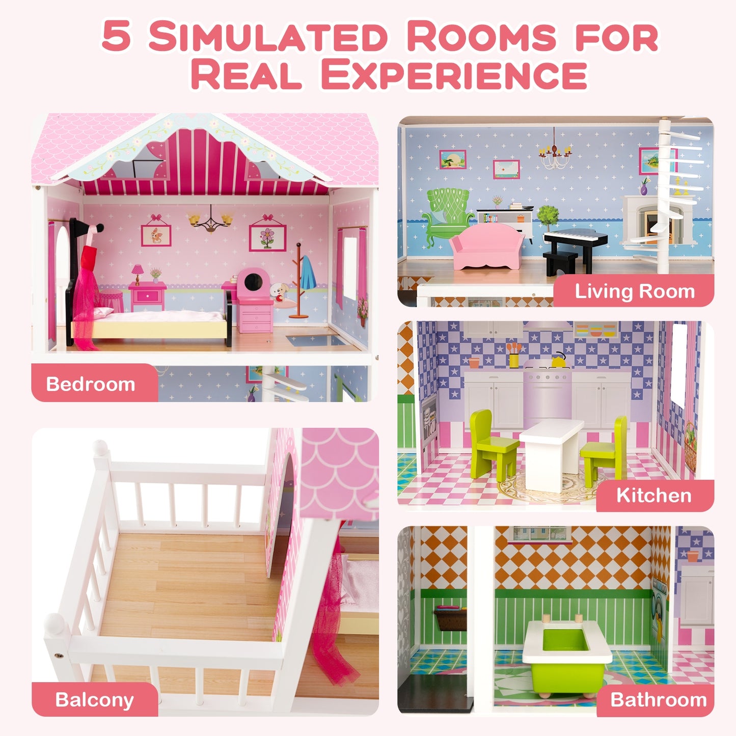 Wooden Dollhouse with Working Elevator and Rotatable Staircase-Pink Kids Crystal