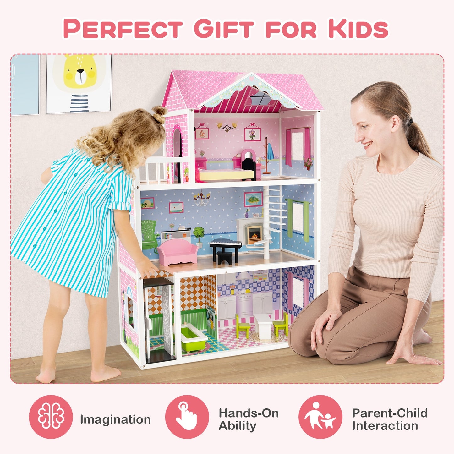 Wooden Dollhouse with Working Elevator and Rotatable Staircase-Pink Kids Crystal
