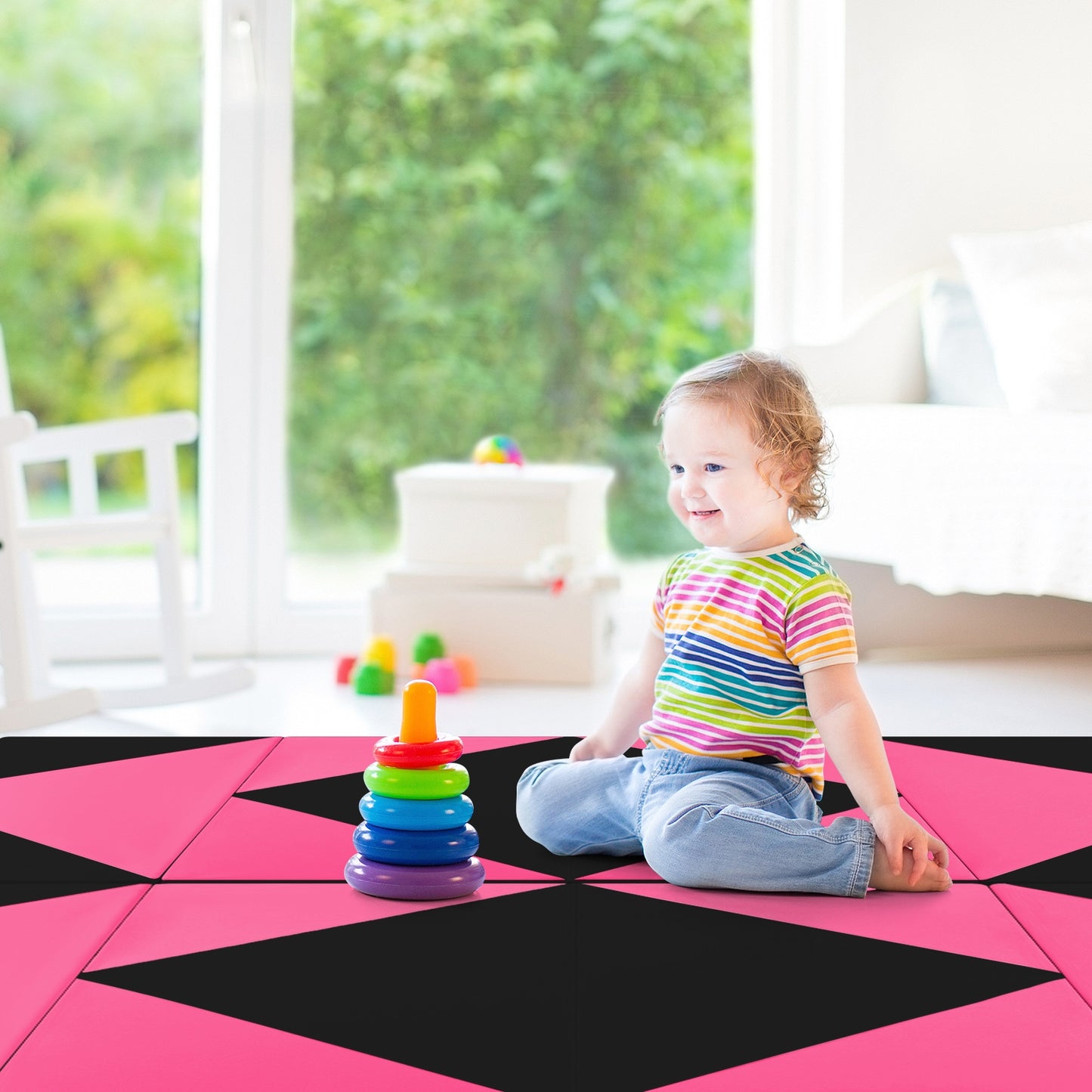 8 Feet PU Leather Folding Gymnastics Mat with Hook and Loop Fasteners-Heart Pink Kids Crystal