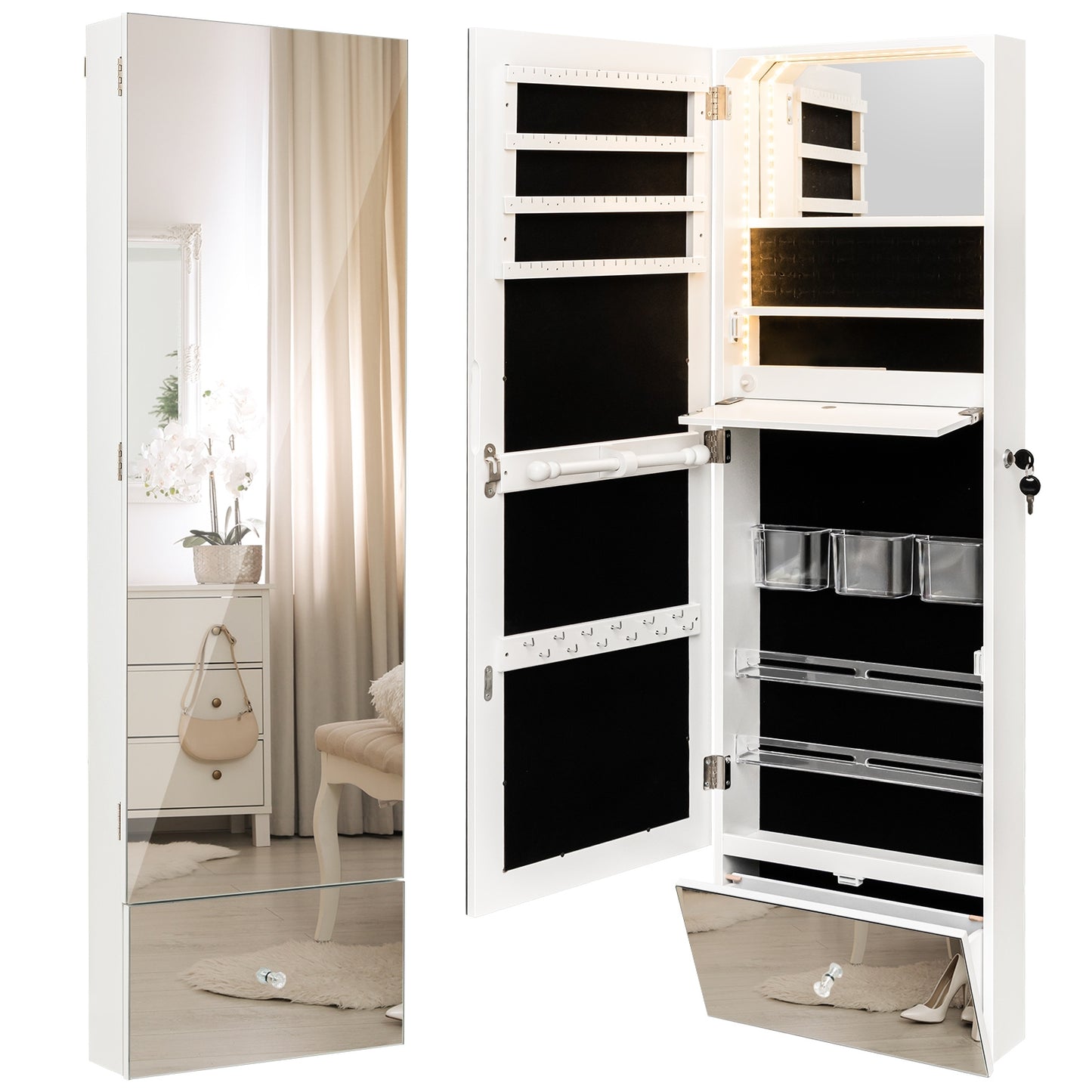 Wall Mounted Jewelry Armoire Organizer with Full-Length Frameless Mirror-White Kids Crystal