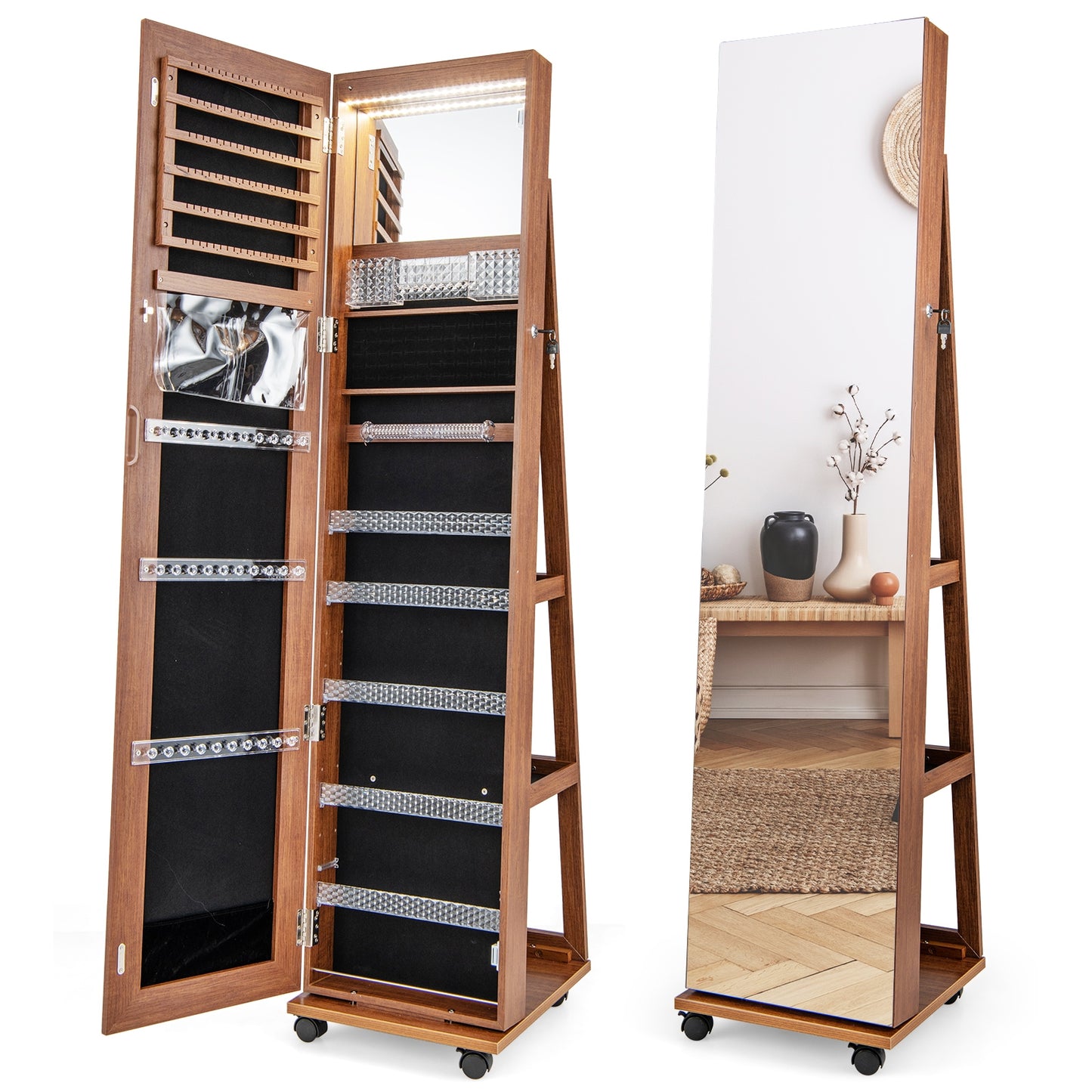 64 Inches Lockable Jewelry Cabinet Armoire with Built-in Makeup Mirror-Brown Kids Crystal