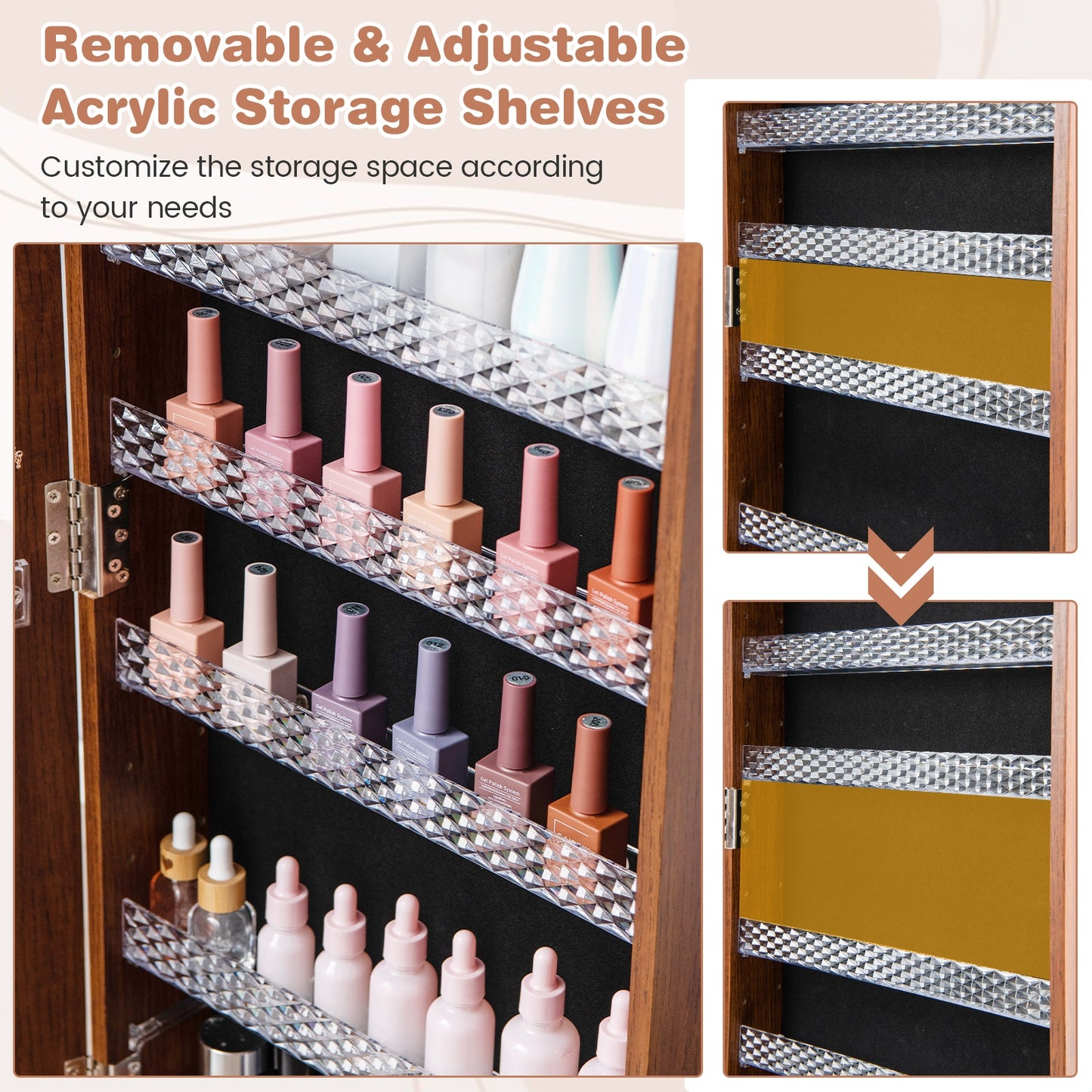 64 Inches Lockable Jewelry Cabinet Armoire with Built-in Makeup Mirror-Brown Kids Crystal
