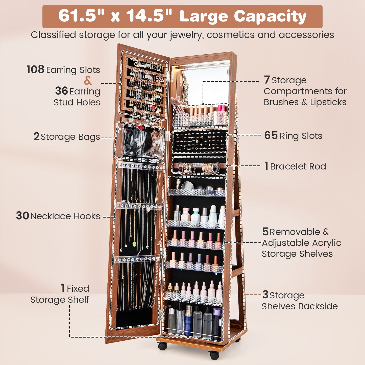 64 Inches Lockable Jewelry Cabinet Armoire with Built-in Makeup Mirror-Brown Kids Crystal