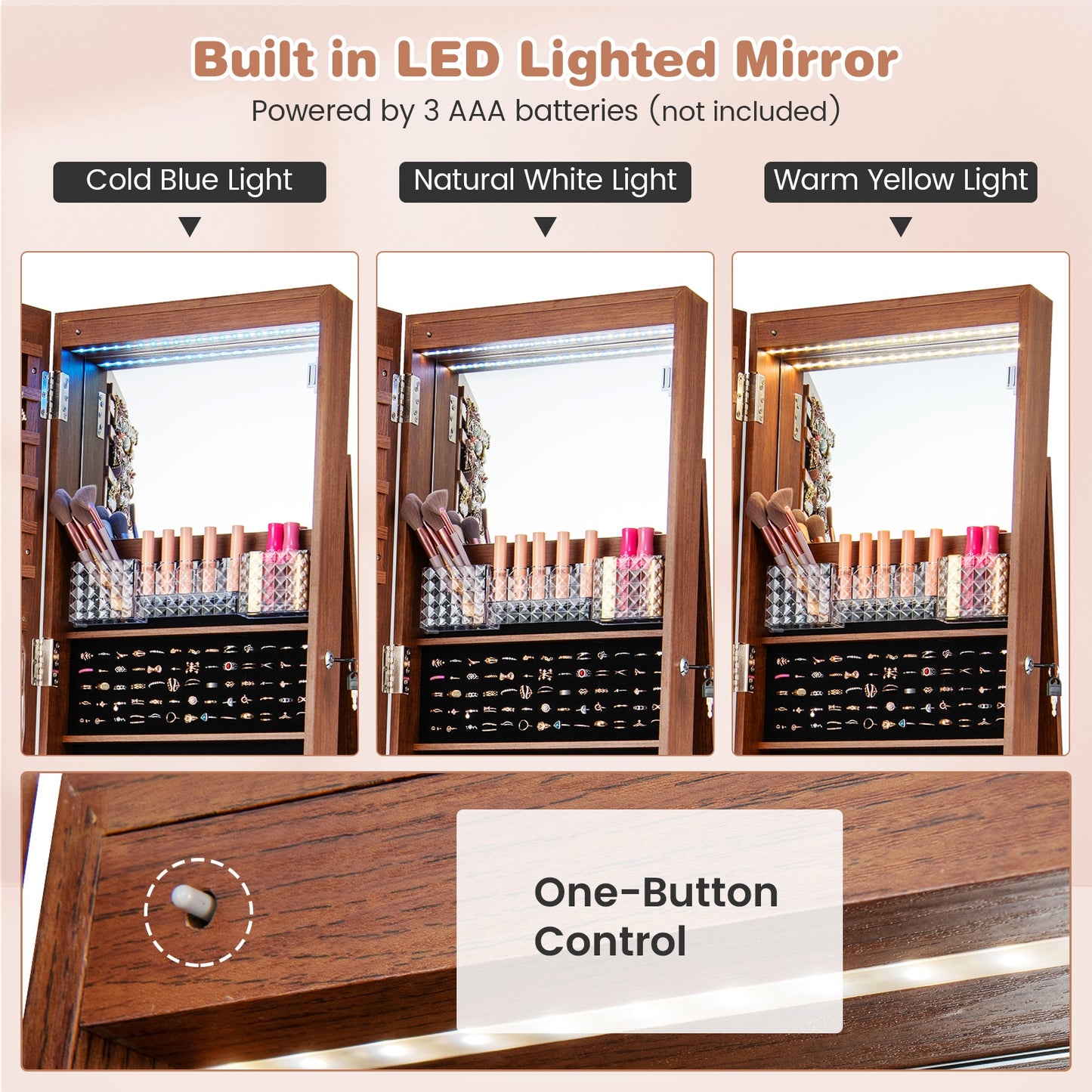 64 Inches Lockable Jewelry Cabinet Armoire with Built-in Makeup Mirror-Brown Kids Crystal