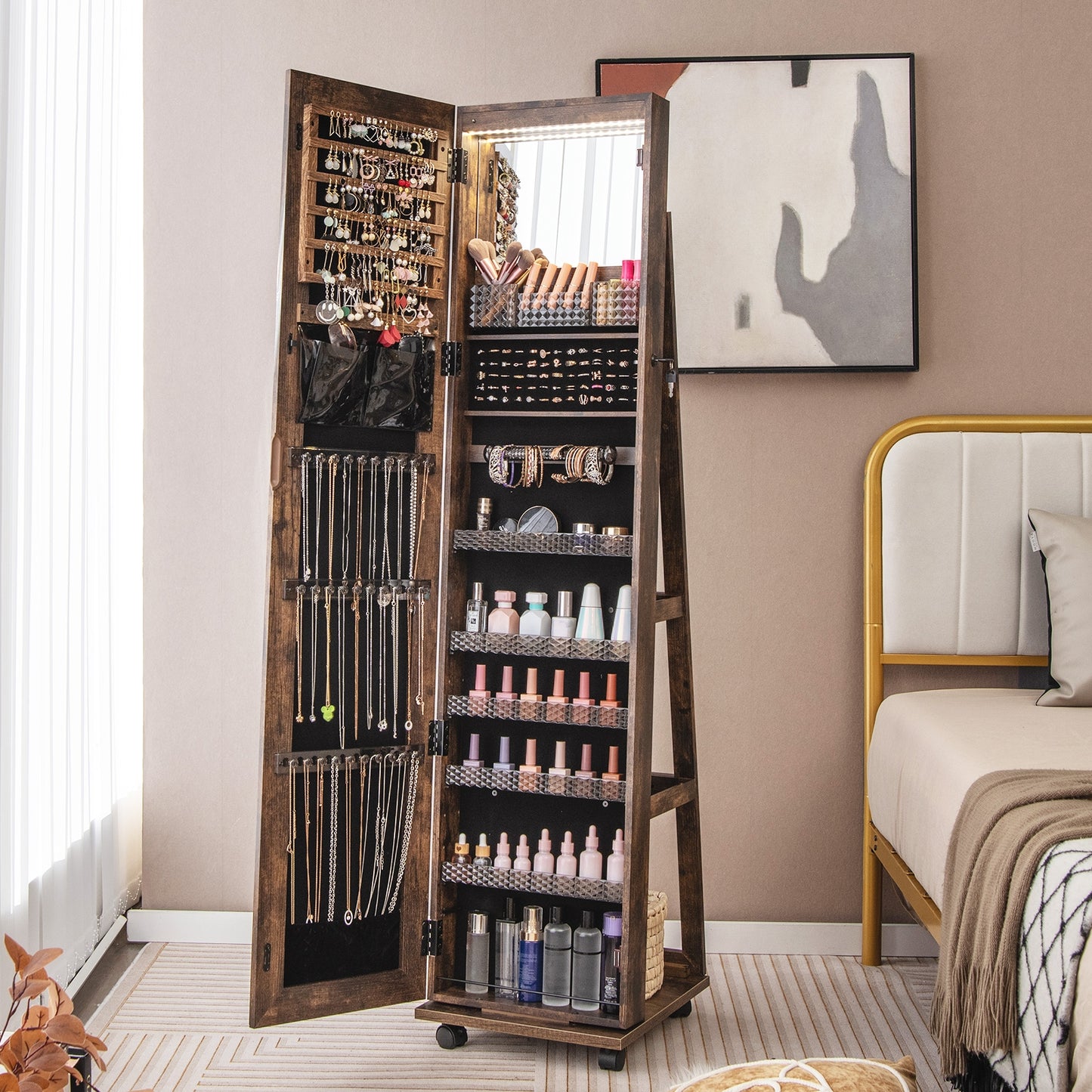 64 Inches Lockable Jewelry Cabinet Armoire with Built-in Makeup Mirror-Coffee Kids Crystal