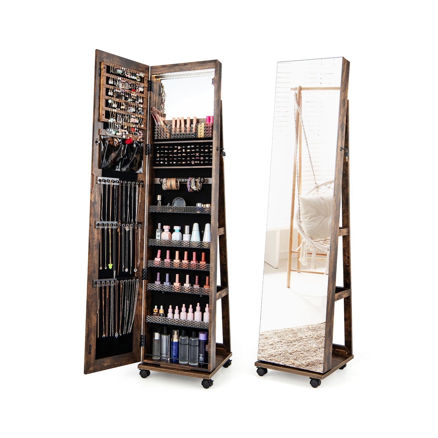 64 Inches Lockable Jewelry Cabinet Armoire with Built-in Makeup Mirror-Coffee Kids Crystal