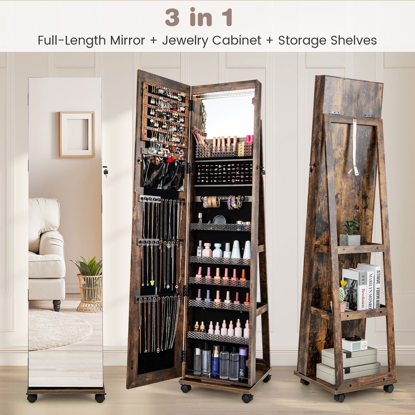 64 Inches Lockable Jewelry Cabinet Armoire with Built-in Makeup Mirror-Coffee Kids Crystal
