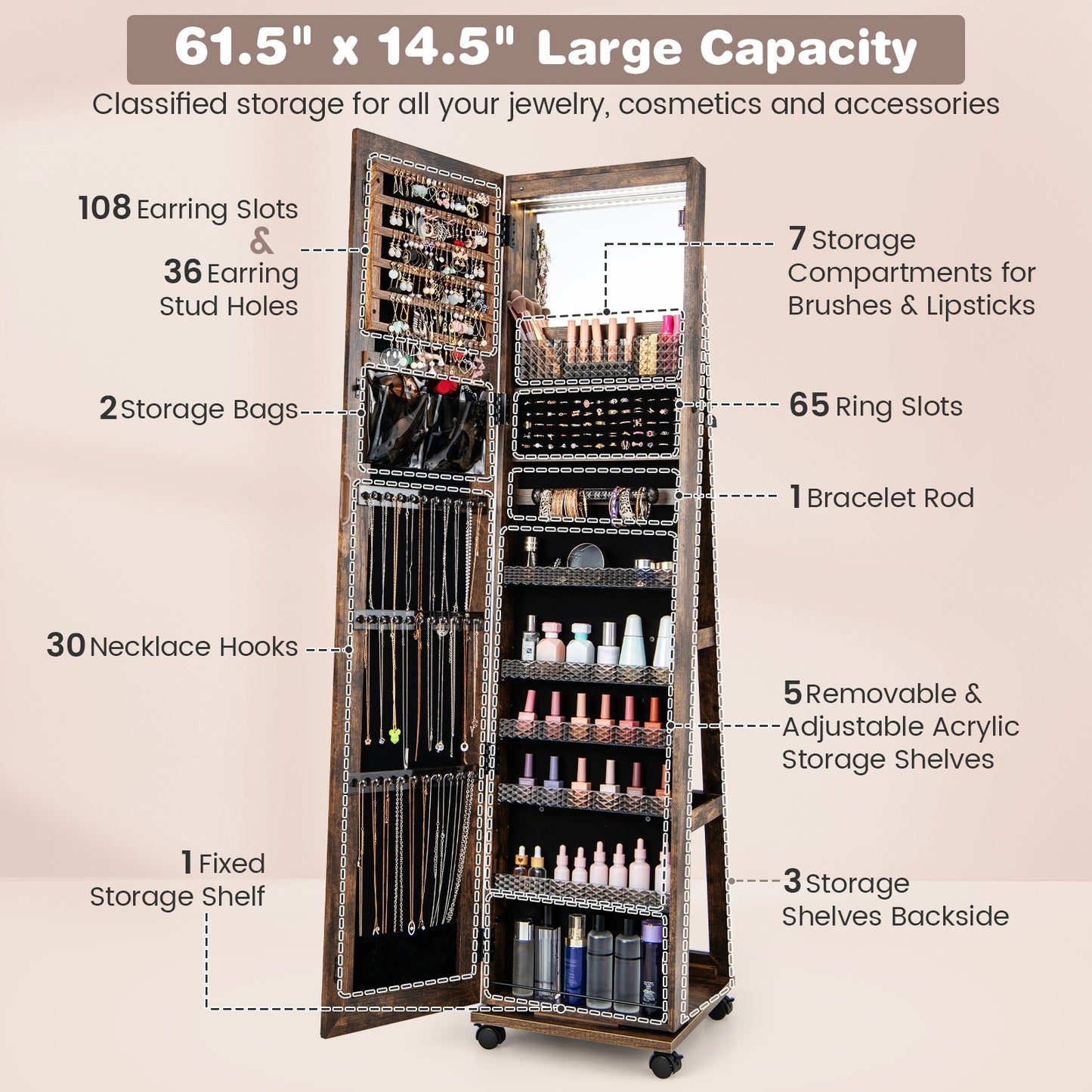 64 Inches Lockable Jewelry Cabinet Armoire with Built-in Makeup Mirror-Coffee Kids Crystal
