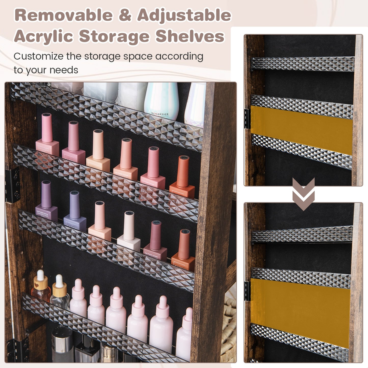 64 Inches Lockable Jewelry Cabinet Armoire with Built-in Makeup Mirror-Coffee Kids Crystal