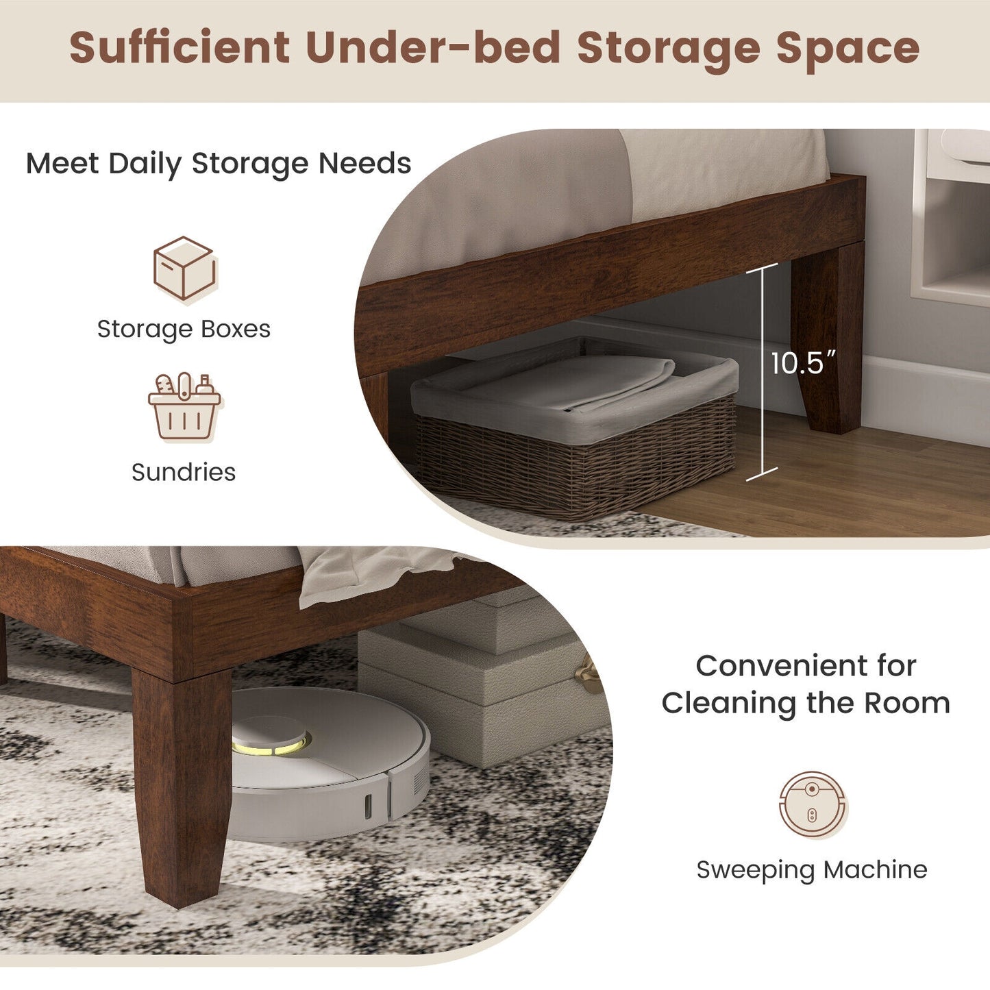 14 Inch Queen Size Rubber Wood Platform Bed Frame with Wood Slat Support-Walnut Kids Crystal