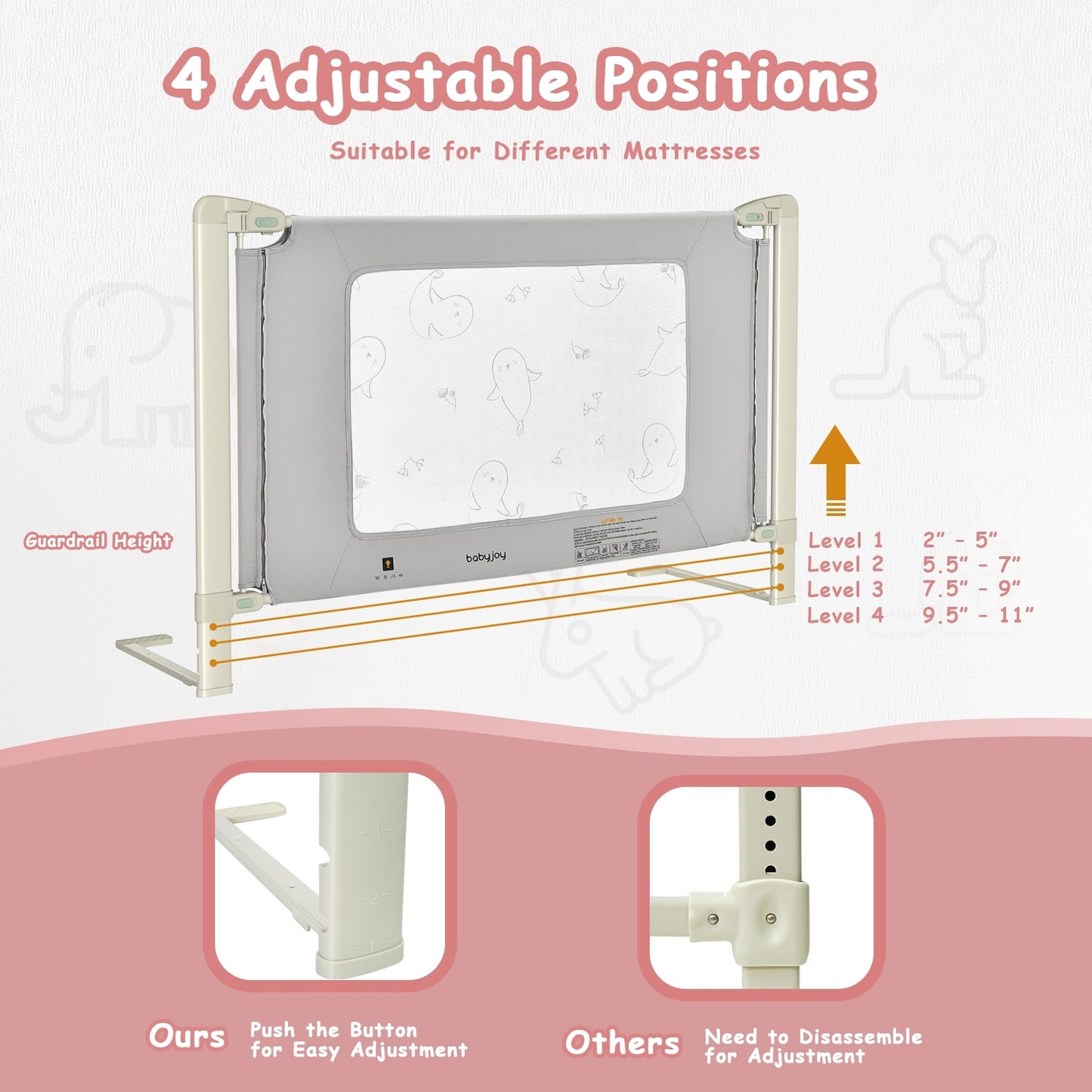 Bed Rail Guard for Toddlers Kid with Adjustable Height and Safety Lock-59 inch Kids Crystal