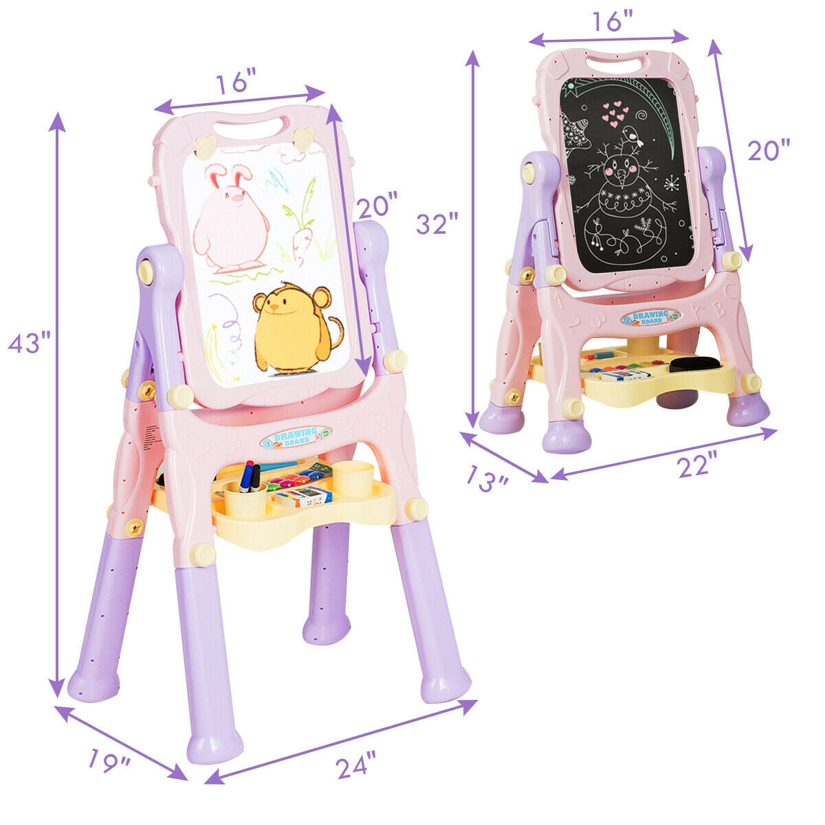 Kids Height Adjustable Double Side Magnetic Art Easel-Purple Kids Crystal
