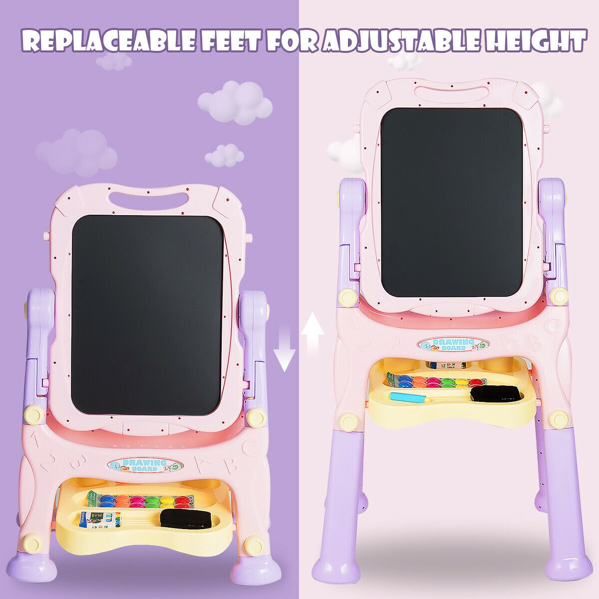 Kids Height Adjustable Double Side Magnetic Art Easel-Purple Kids Crystal