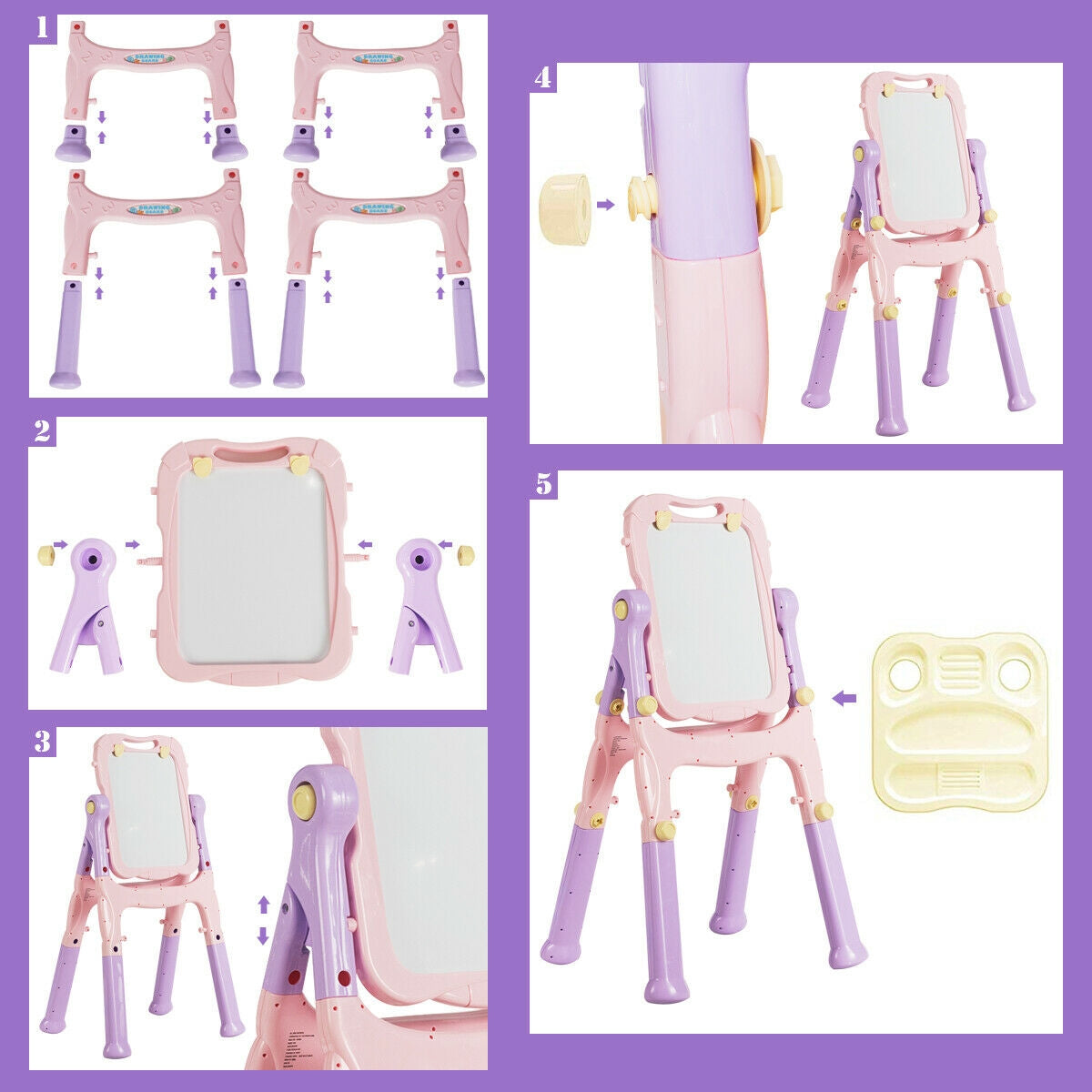 Kids Height Adjustable Double Side Magnetic Art Easel-Purple Kids Crystal