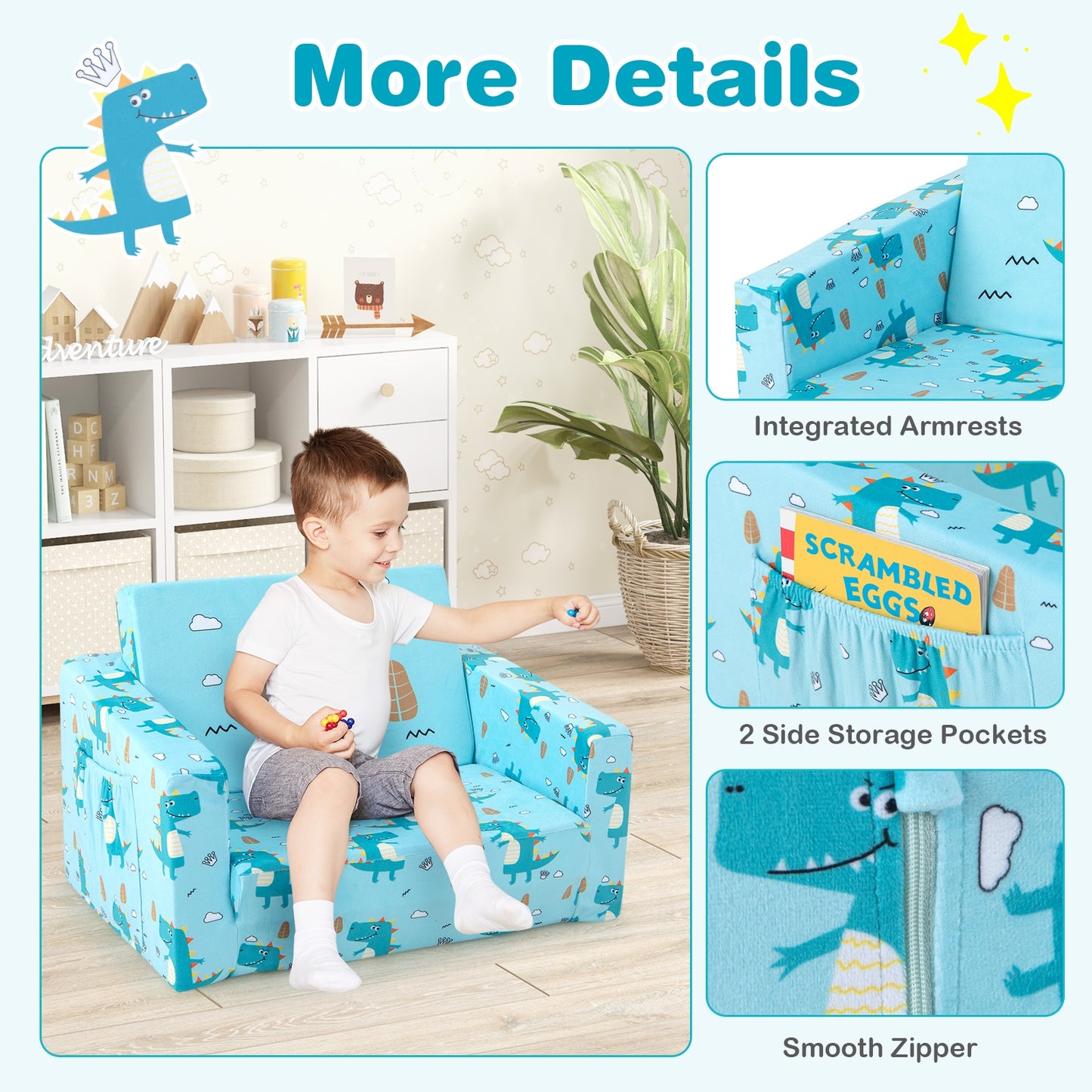Kids Recliner Sofa Converts to Sleeper Bed for Boys Girls-Blue Kids Crystal