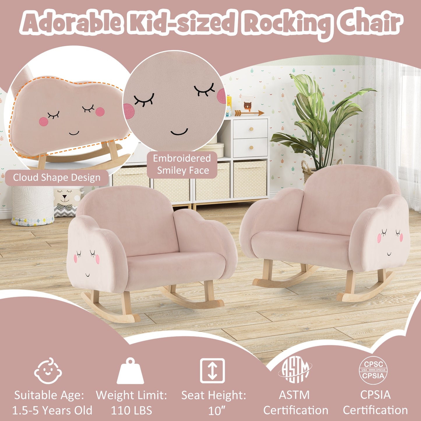 Upholstered Toddler Rocker with Solid Wood Legs and Non-slip Foot Pads-Pink Kids Crystal