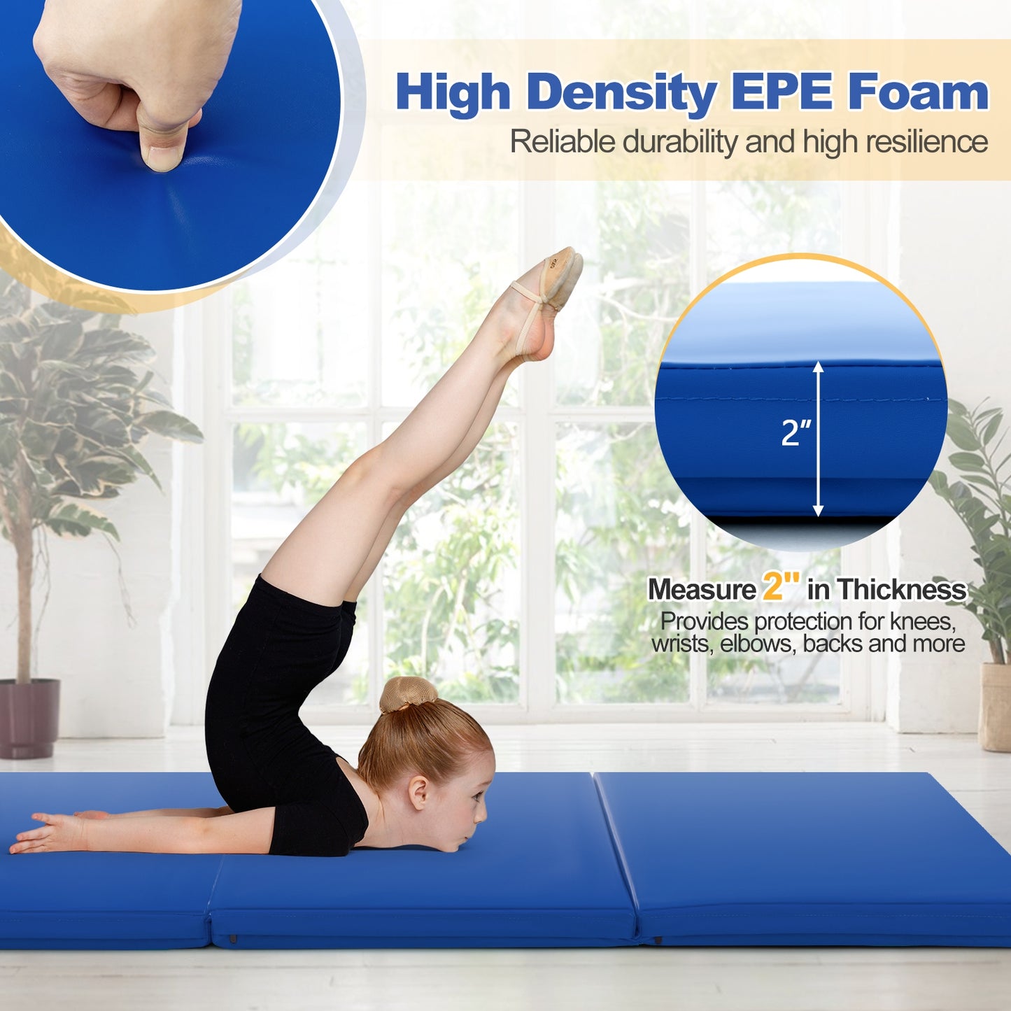 6 x 2 FT Tri-Fold Gym Mat with Handles and Removable Zippered Cover-Dark Blue Kids Crystal
