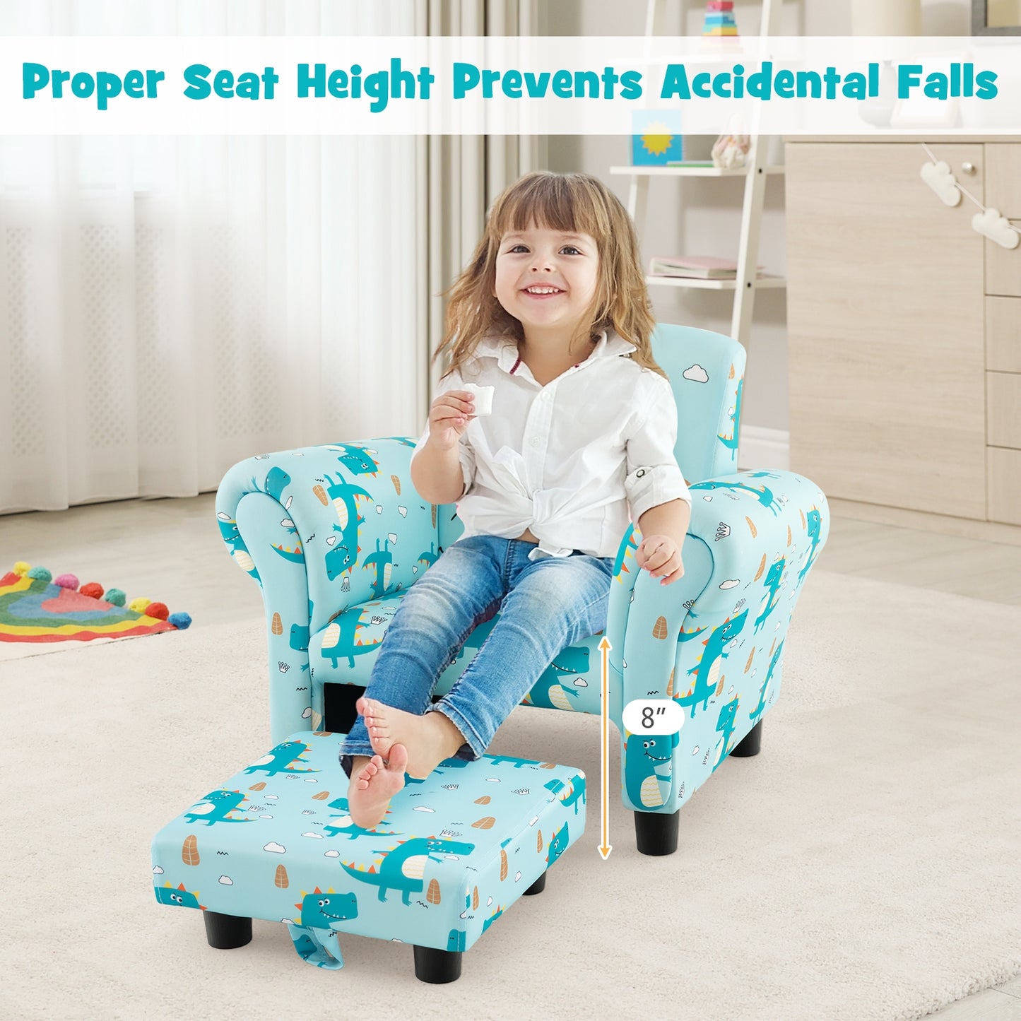 Kids Single Sofa with Cute Patterns Ergonomic Backrest and Armrests-Blue