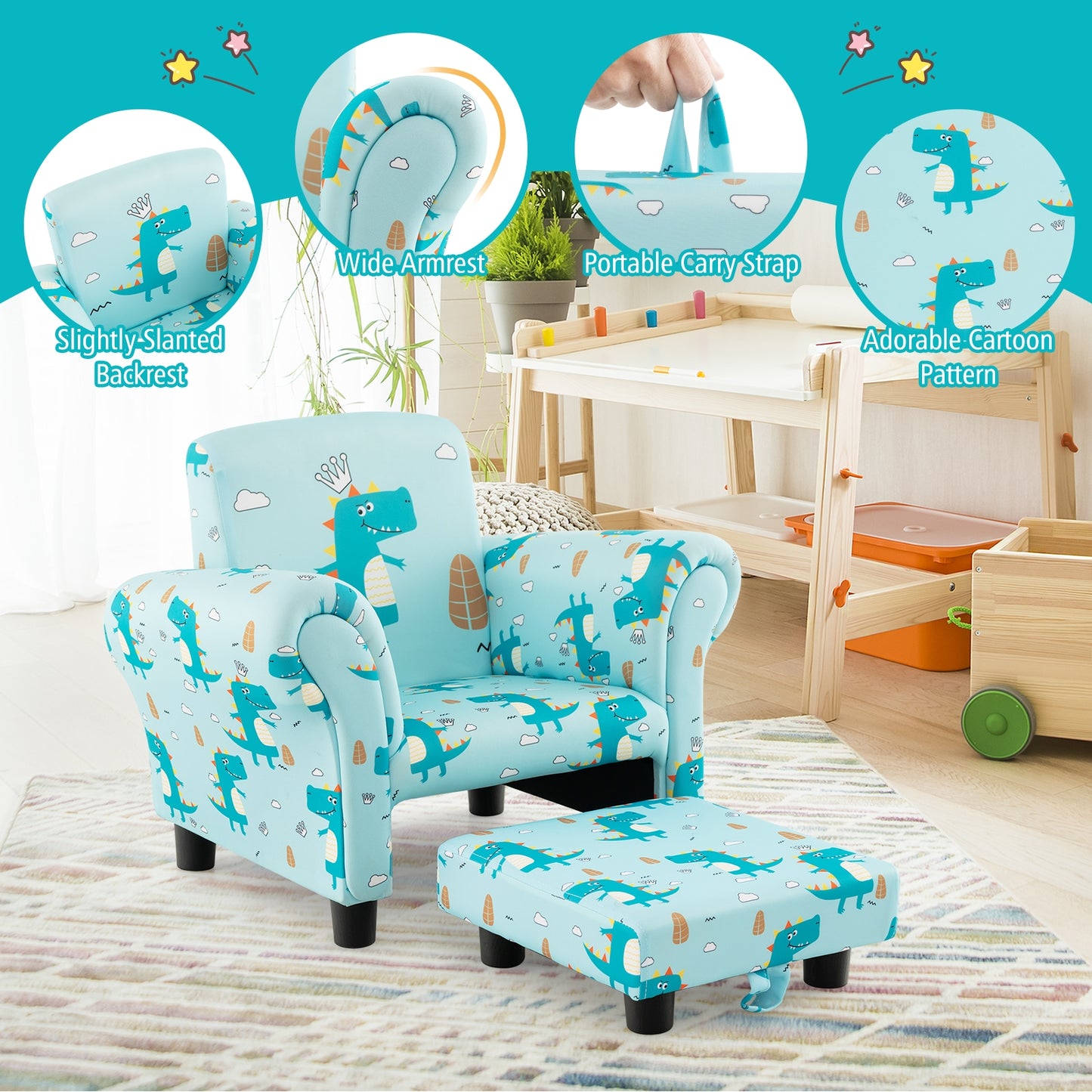 Kids Single Sofa with Cute Patterns Ergonomic Backrest and Armrests-Blue Kids Crystal