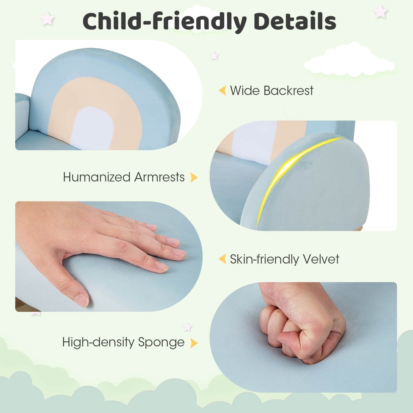 Toddler Rocking Chair with Solid Rubber Wood Frame Soft Velvet Cover-Blue Kids Crystal