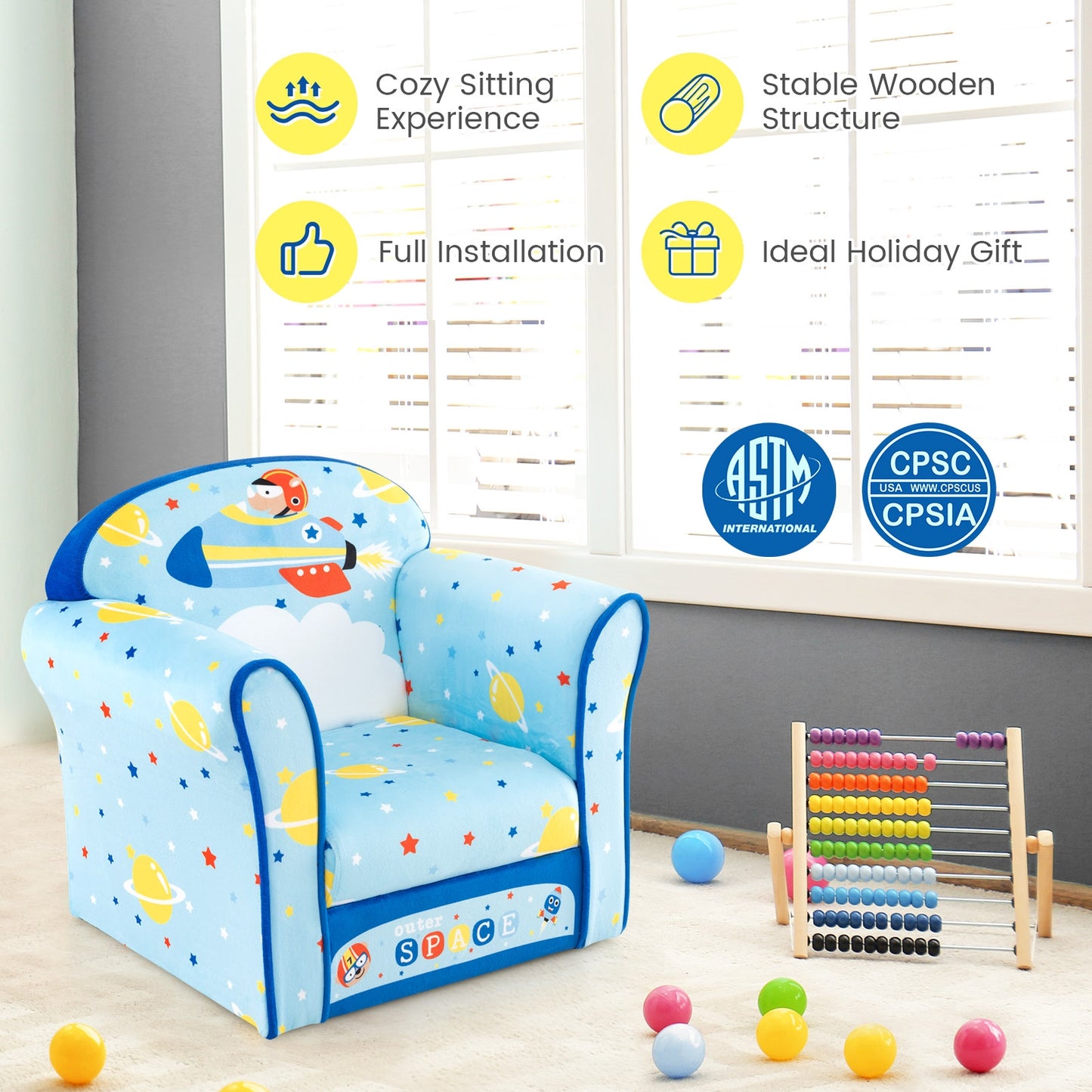 Toddlers Sofa Chair with Velvet Fabric Cover High Density Sponge Filling Kids Crystal