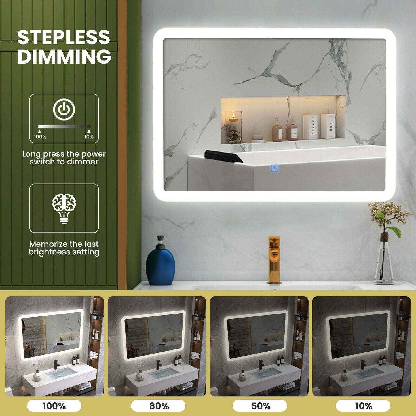 LED Wall-mounted Bathroom Rounded Arc Corner Mirror with Touch Kids Crystal