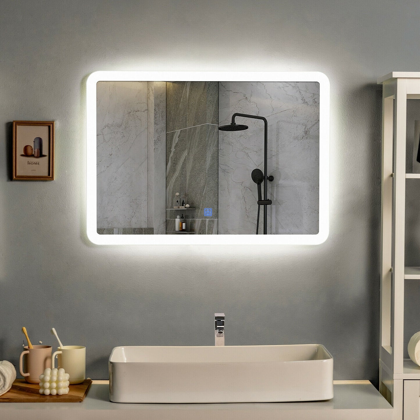 LED Wall-mounted Bathroom Rounded Arc Corner Mirror with Touch Kids Crystal