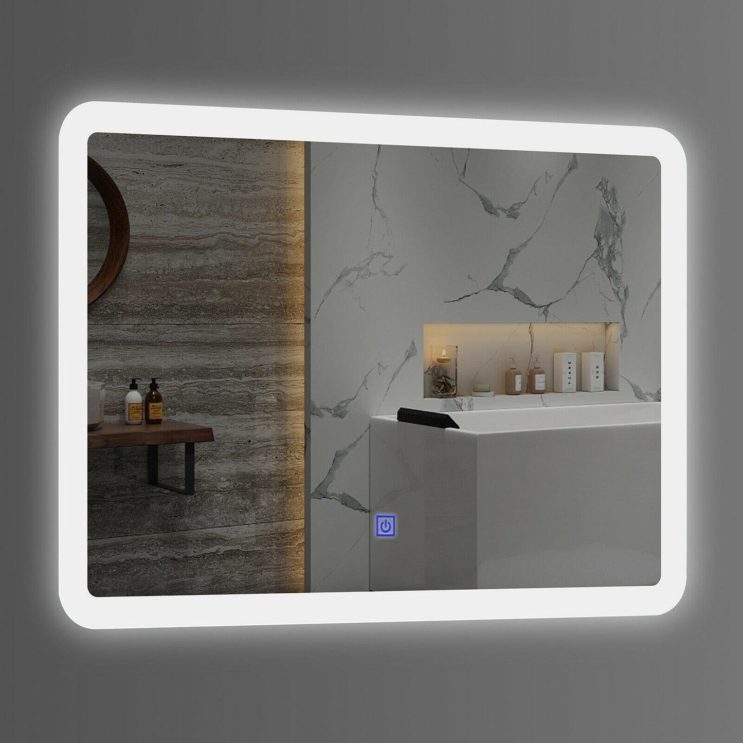 LED Wall-mounted Bathroom Rounded Arc Corner Mirror with Touch Kids Crystal