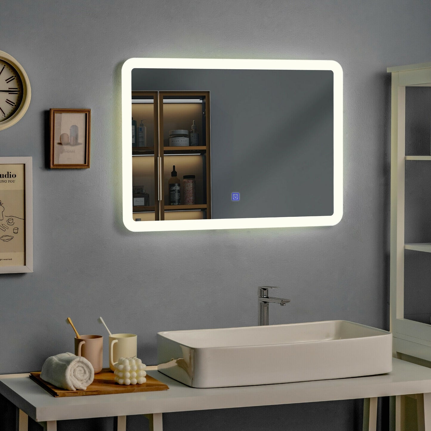 LED Wall-mounted Bathroom Rounded Arc Corner Mirror with Touch Kids Crystal