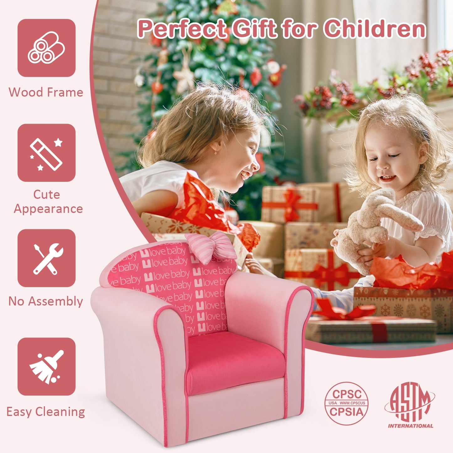 Original Kids Sofa with Armrest and Thick Cushion-Pink Kids Crystal