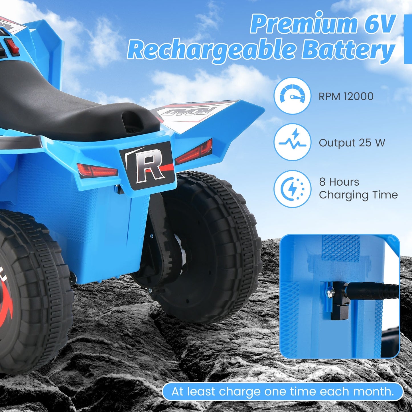 Kids Ride on ATV 4 Wheeler Quad Toy Car with Direction Control-Blue Kids Crystal