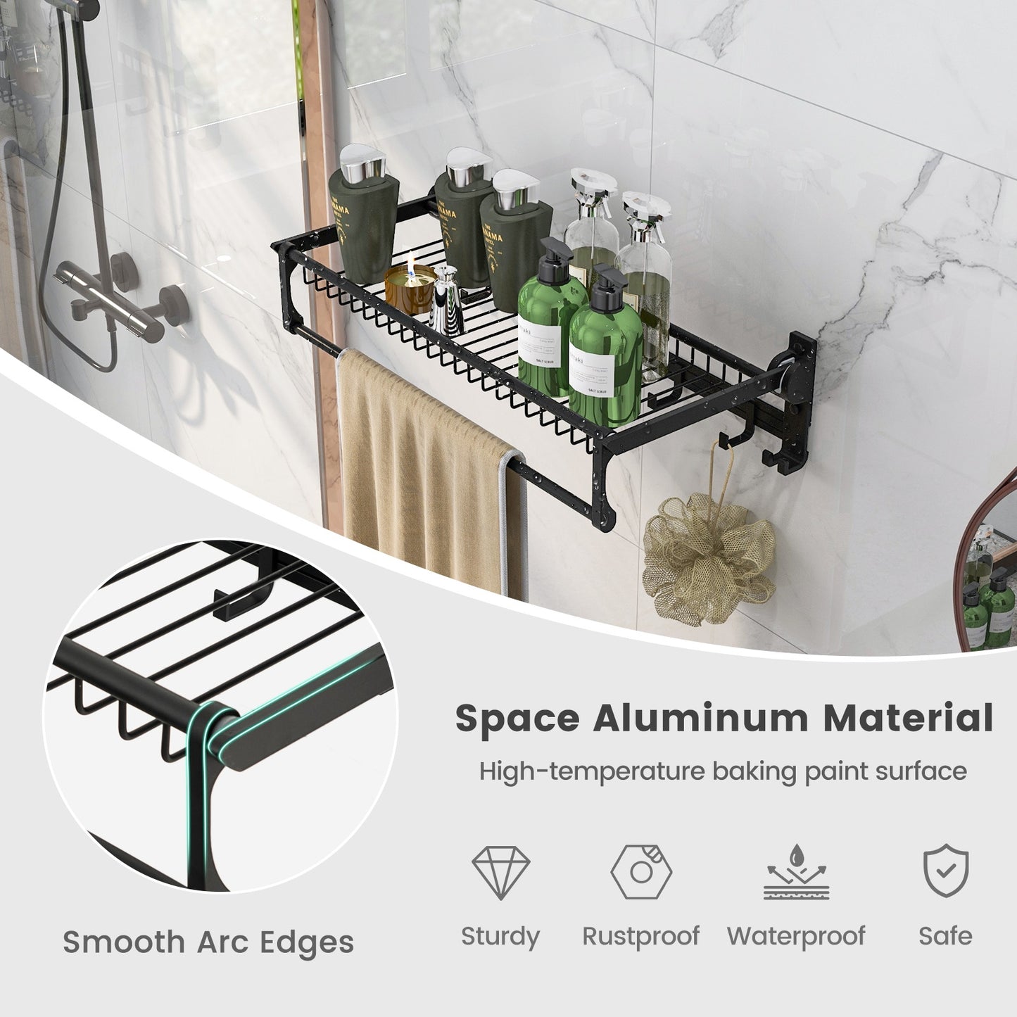 Wall Mounted Towel Shelf with Adjustable Towel Bar and Movable Hooks No Assembly Required Kids Crystal