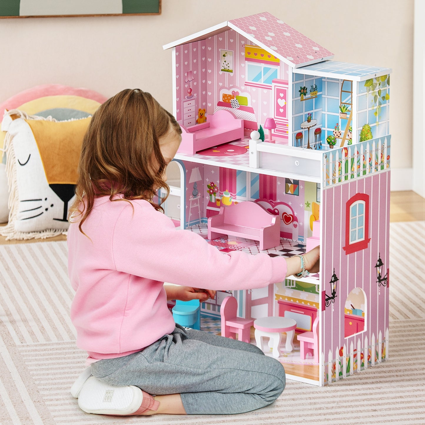 Kids Wooden Dollhouse Playset with 5 Simulated Rooms and 10 Pieces of Furniture-Pink Kids Crystal